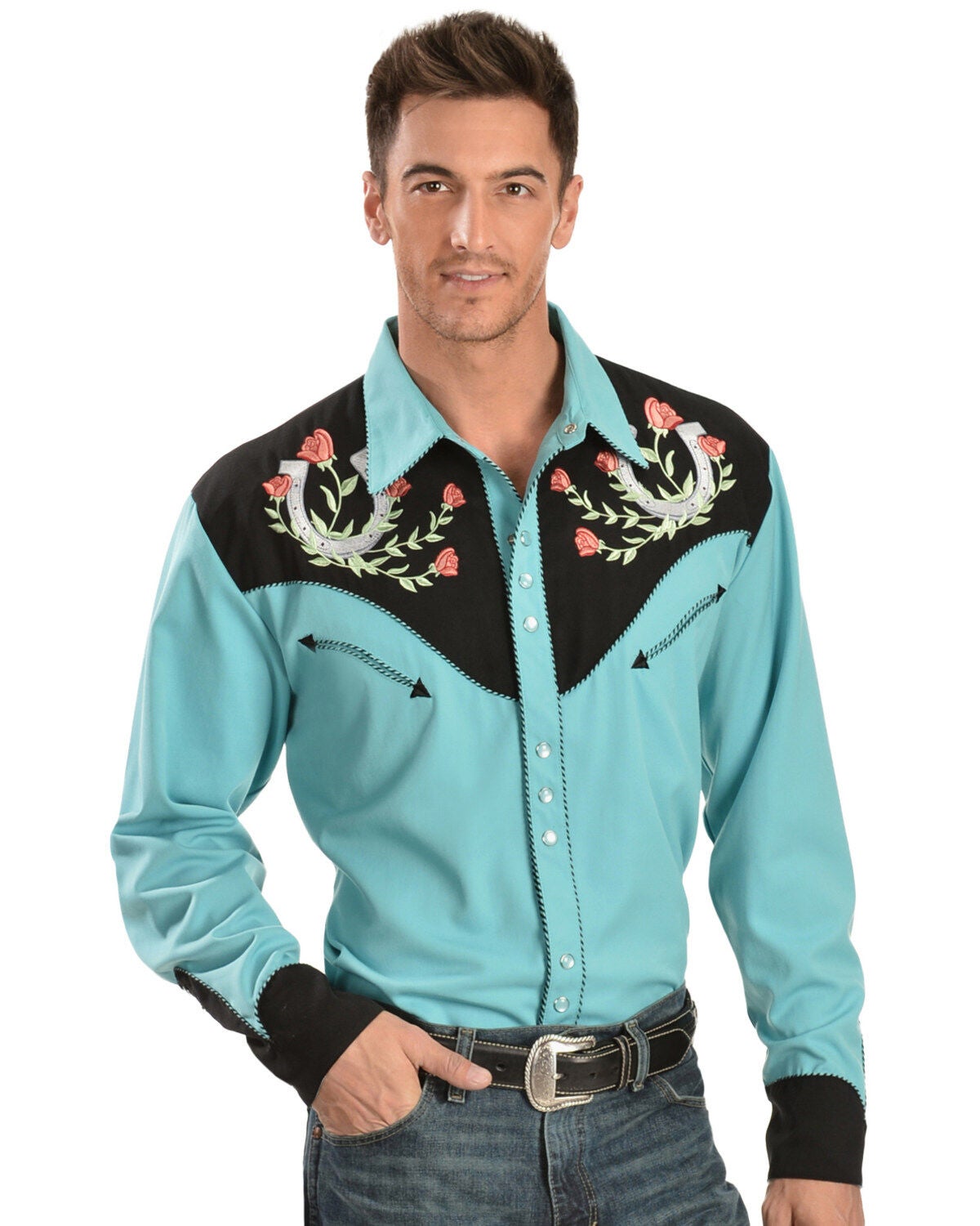Men's Scully Rose & Horseshoe Embroidered Retro Long Sleeve Western Sh
