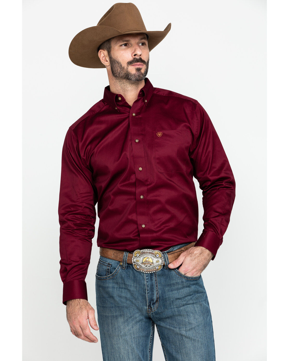 Men's Ariat Burgundy Solid Twill Long Sleeve Western Shirt - Big & Tal