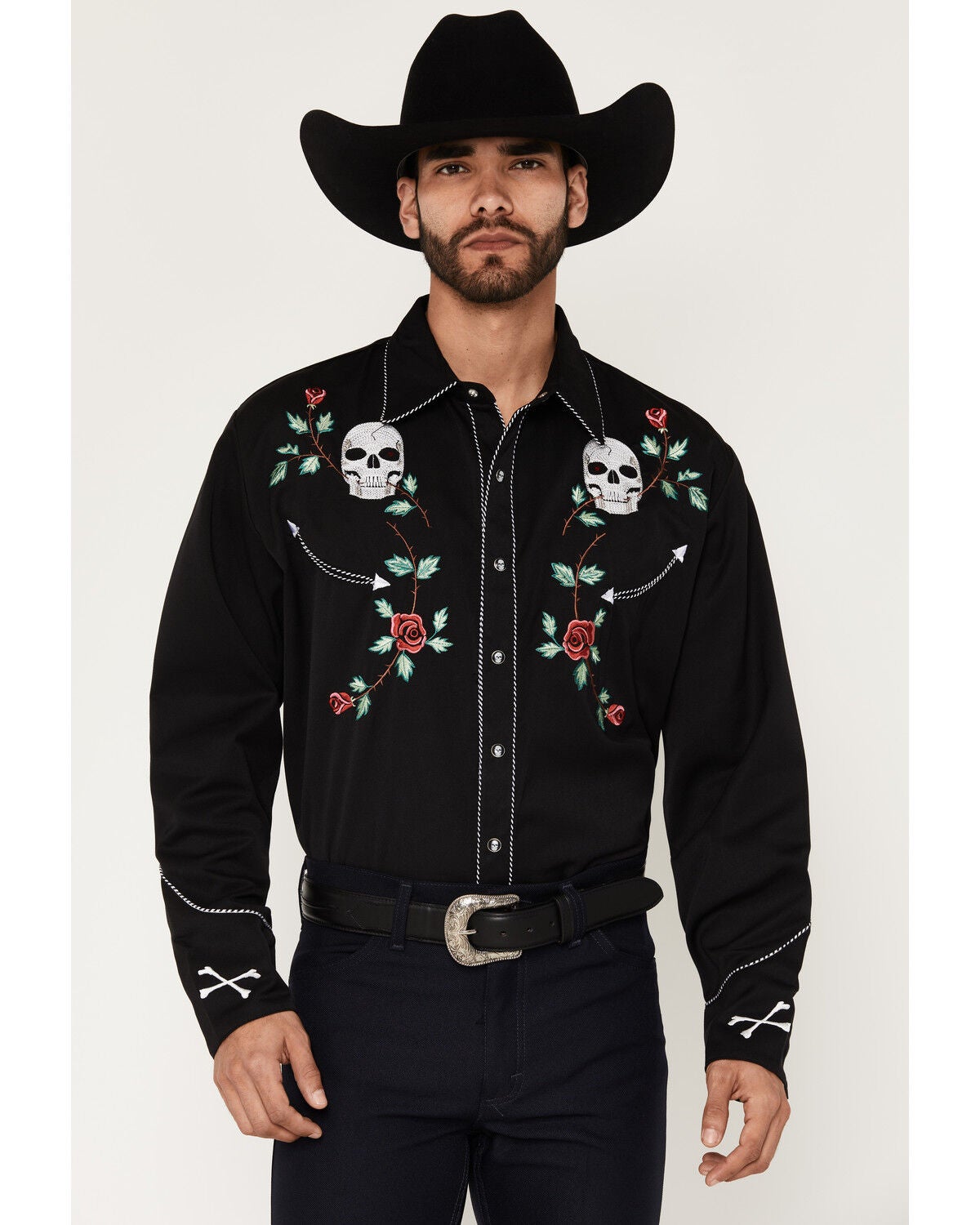 Men's Scully Skull & Roses Embroidered Retro Long Sleeve Western Shirt