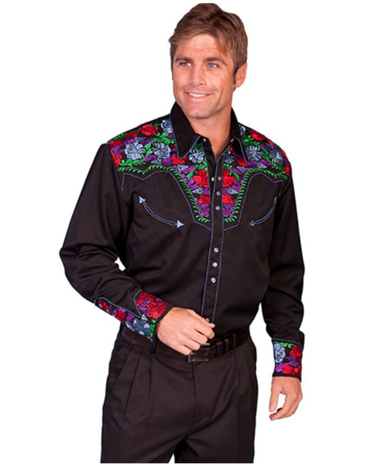 Men's Scully Vibrant Floral Embroidered Retro Long Sleeve Western Shir