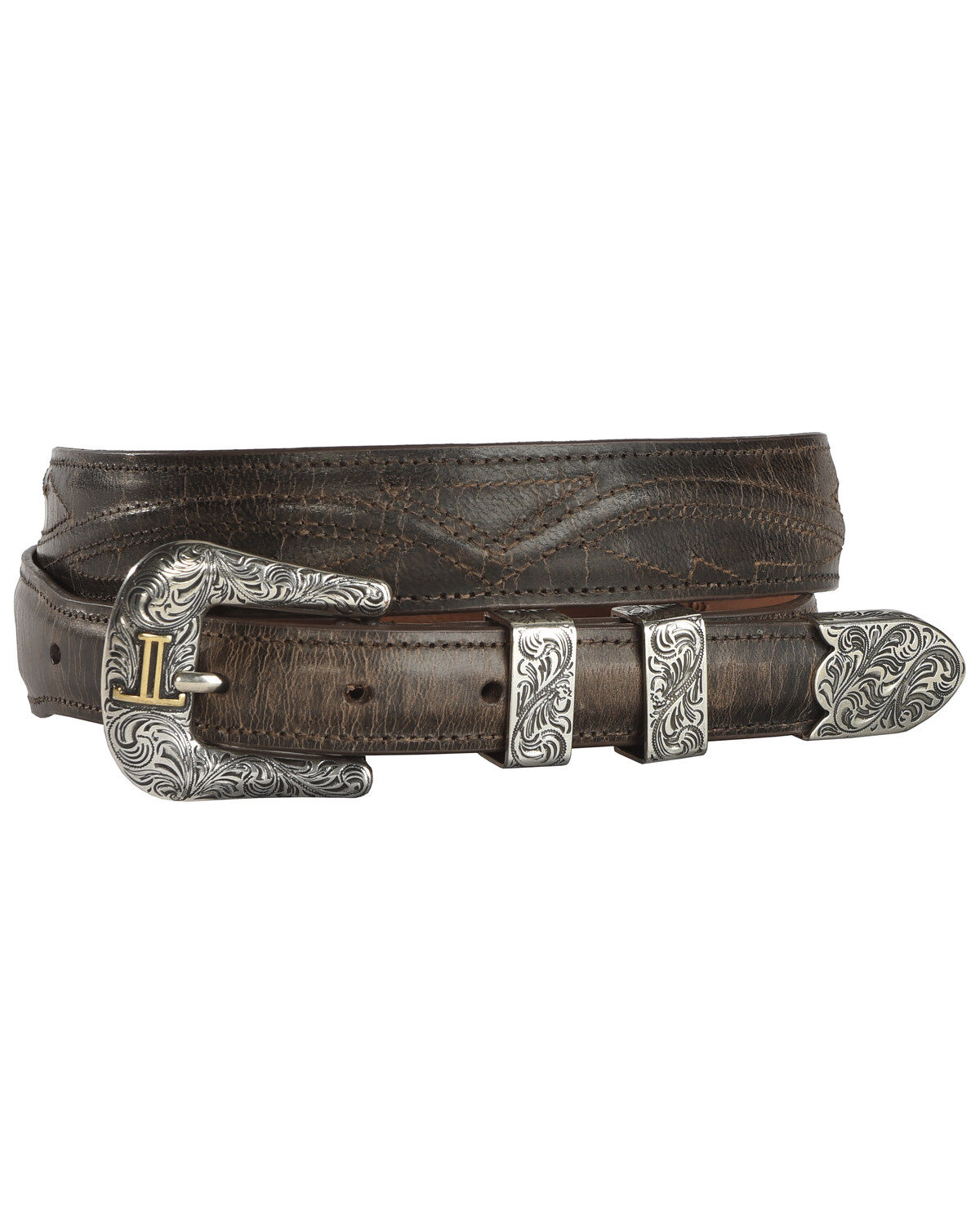 Men's Lucchese Brown Burnished Goat Seville Stitch Leather Belt