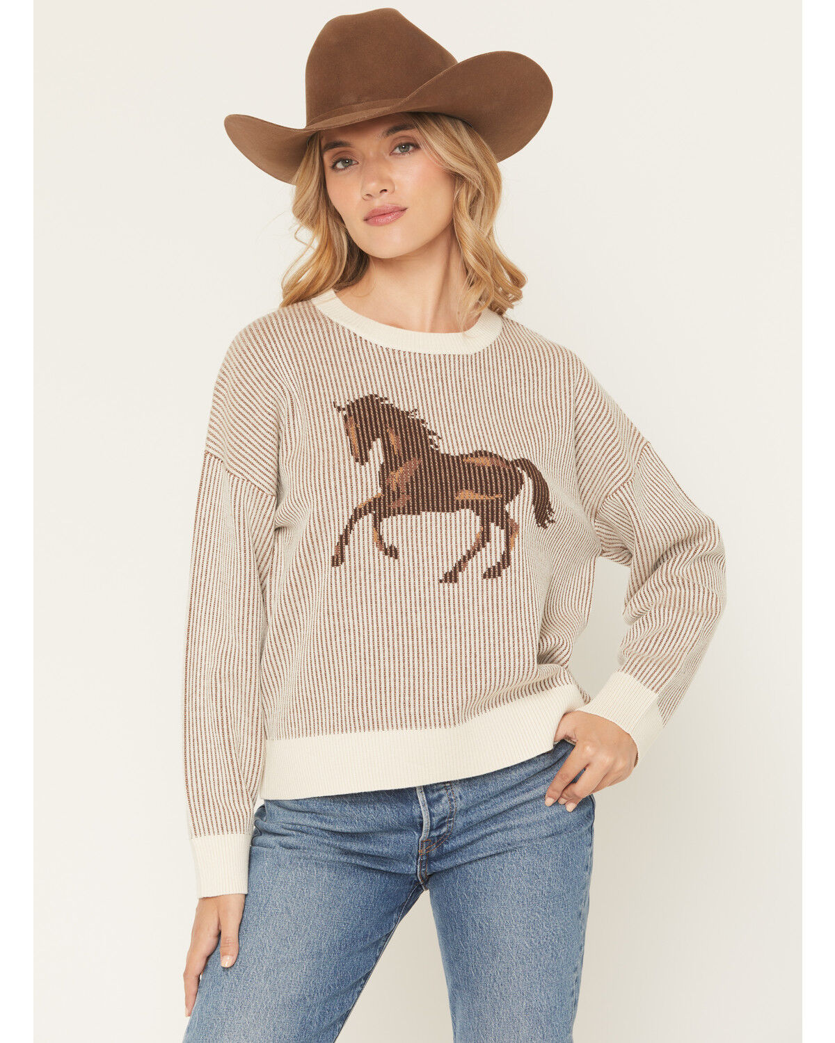 Originality Women's Horse Plated Sweater, Brown, hi-res