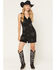Image #1 - Rock & Roll Denim Women's Faux Suede Embellished Sleeveless Snap Mini Dress, Black, hi-res