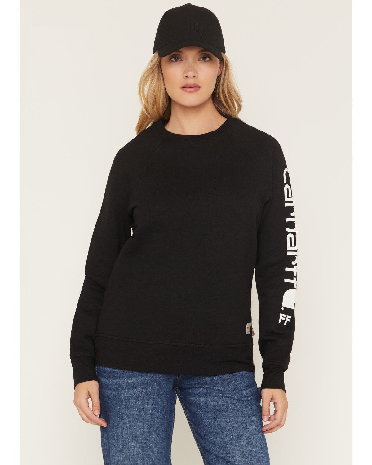 Carhartt Women's FR Force&reg; Relaxed Fit Midweight Logo Sleeve Graphic Sweatshirt, Black, hi-res