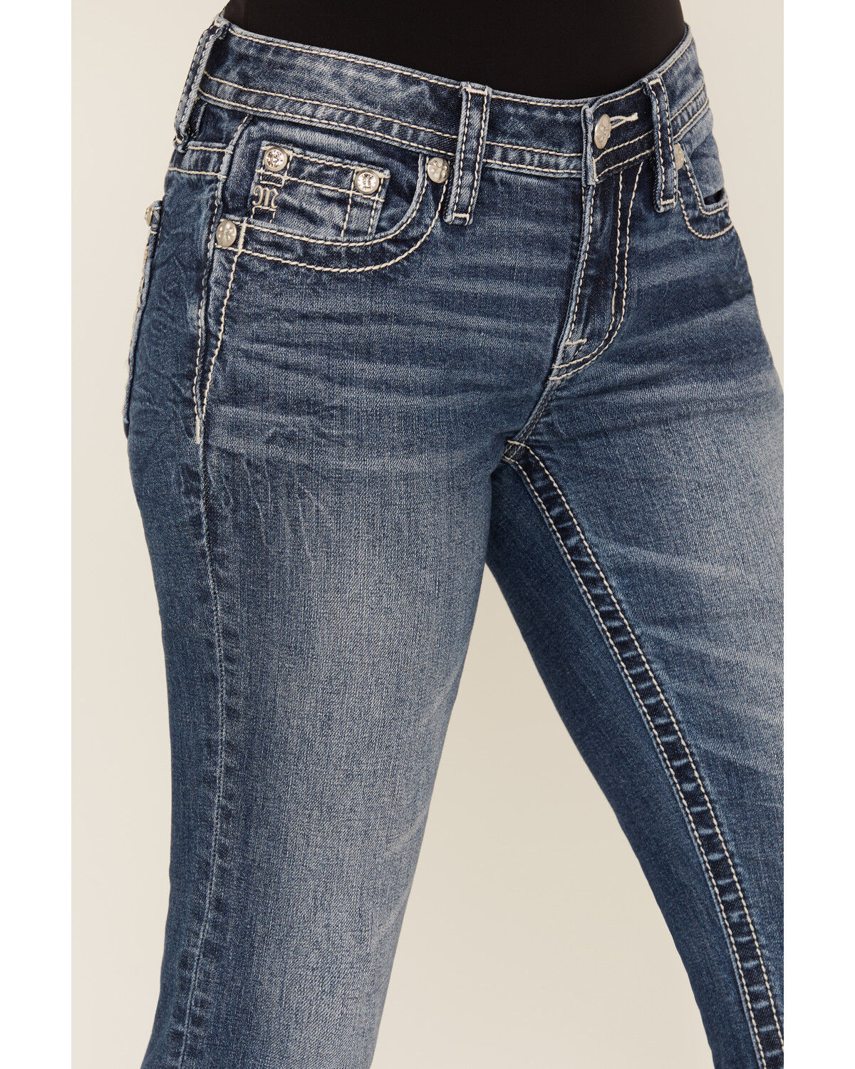 Image #4 - Miss Me Women's Medium Wash Mid Rise Geo Pocket 32" Bootcut Stretch Denim Jeans, Medium Wash, hi-res