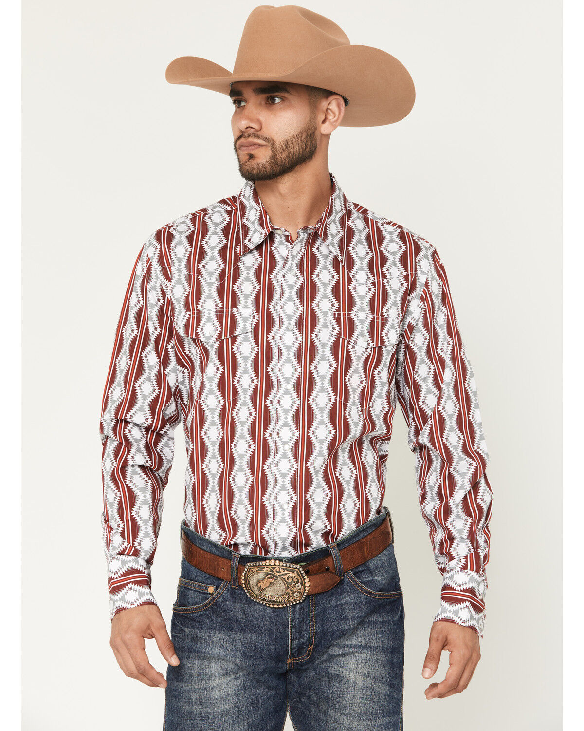 Image #1 - Wrangler Men's Checotah Southwestern Print Long Sleeve Snap Western Shirt, Red, hi-res
