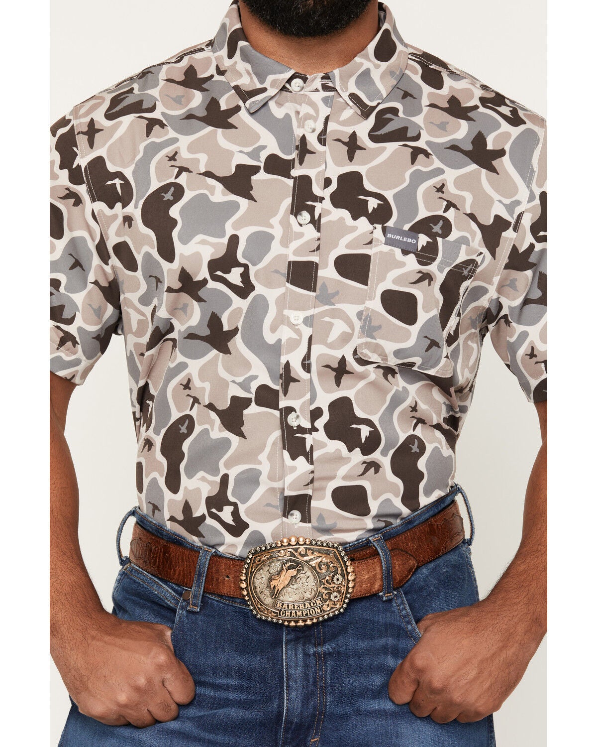 Image #3 - Burlebo Men's Mallard Camo Print Short Sleeve Button-Down Performance Western Shirt, Camouflage, hi-res