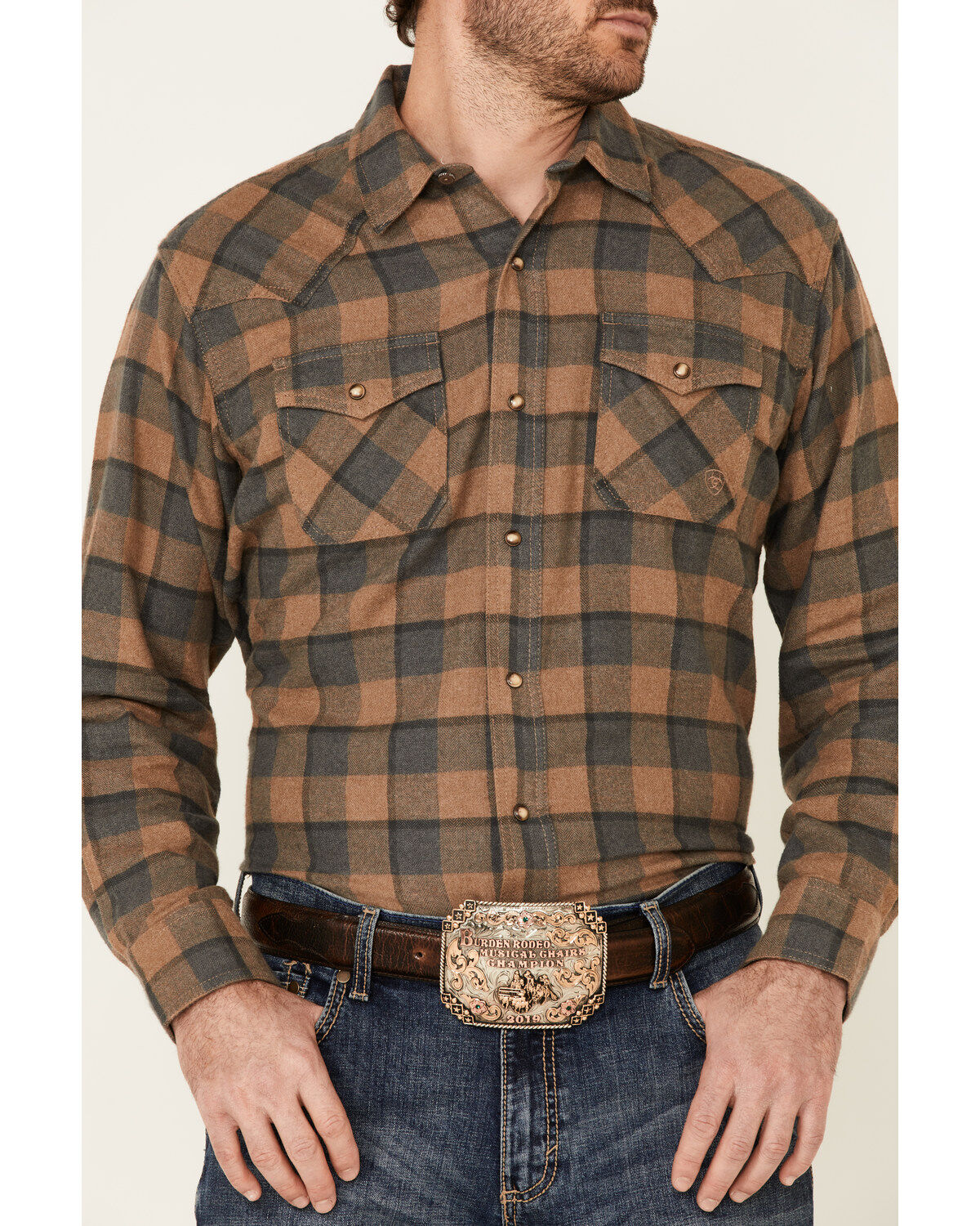 Image #3 - Ariat Men's Hartford Retro Plaid Long Sleeve Snap Western Flannel Shirt, Grey, hi-res