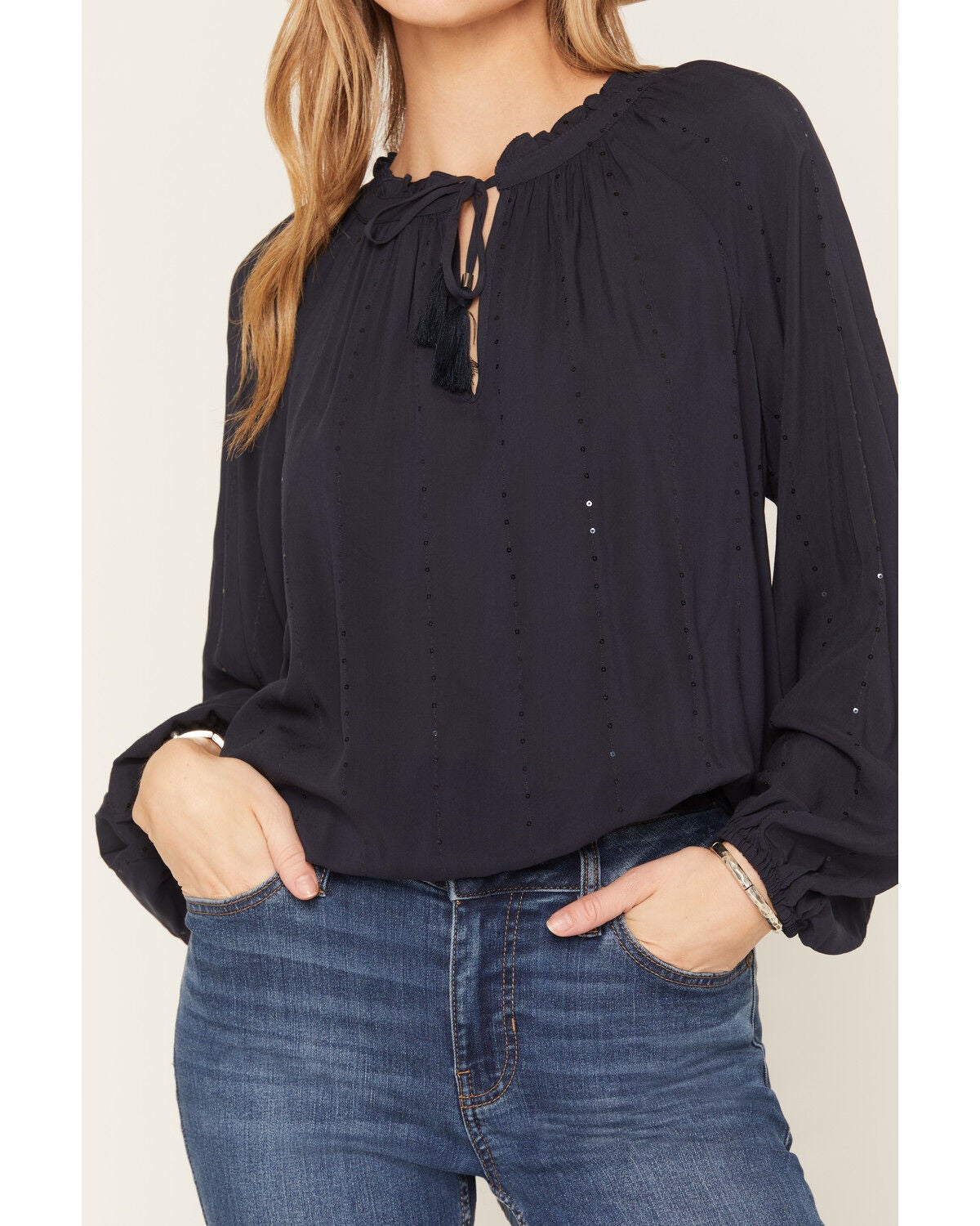 Image #3 - Lovestitch Women's Tonal Sequins Long Sleeve Peasant Top, Navy, hi-res