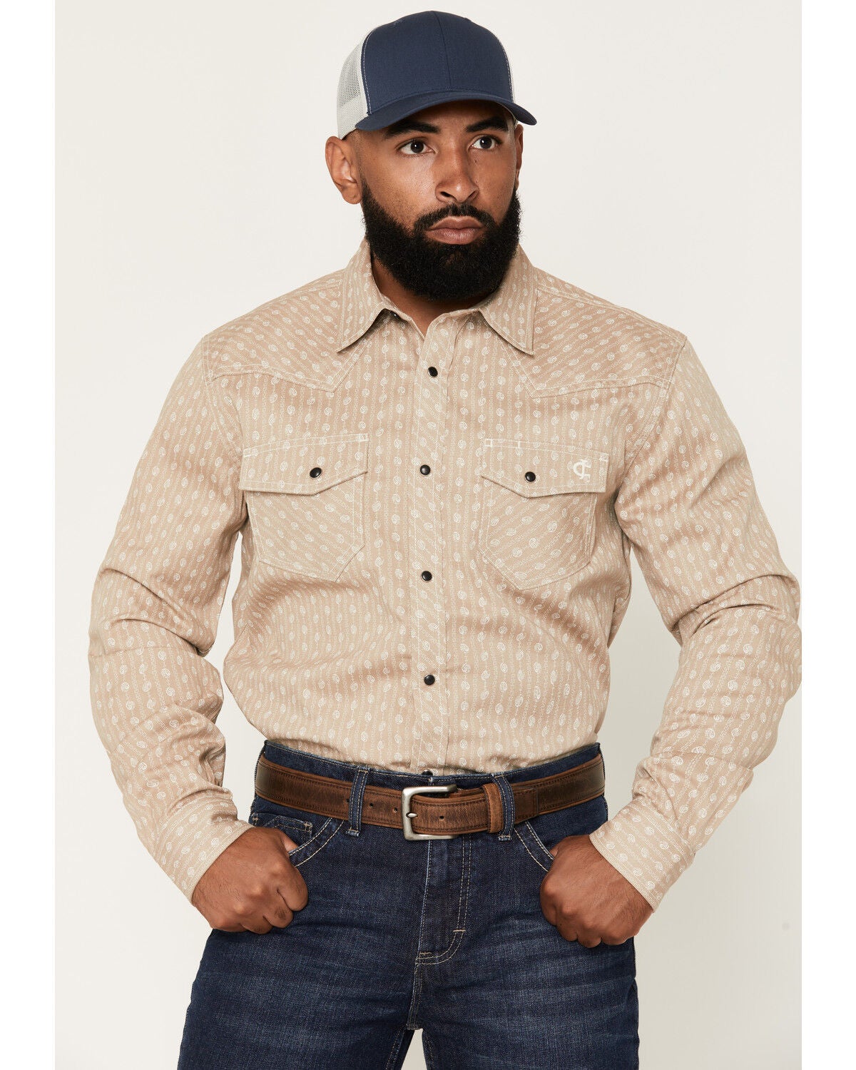 Image #1 - Cody James Men's FR Paisley Striped Print Long Sleeve Snap Stretch Work Shirt, Tan, hi-res