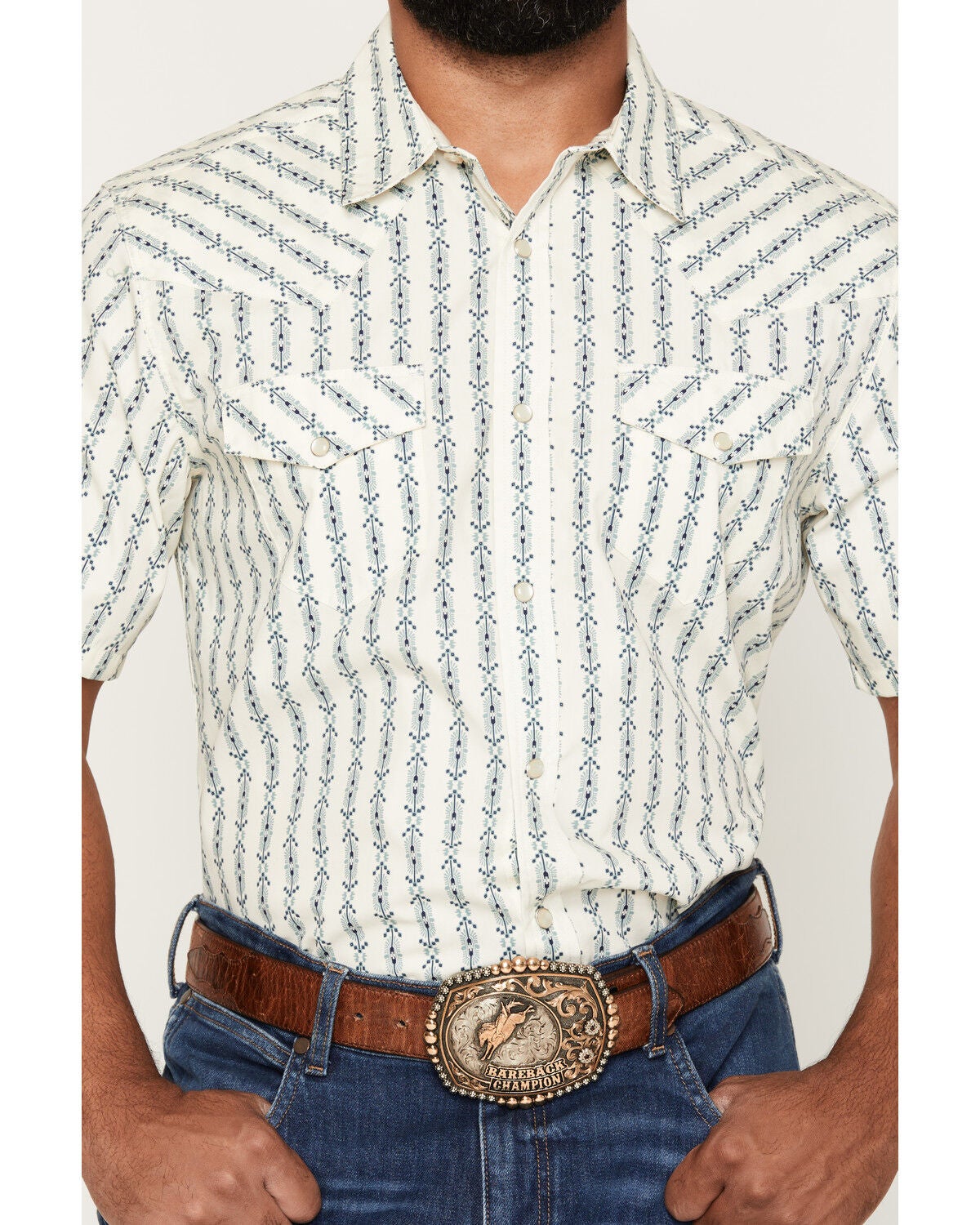 Image #3 - Gibson Trading Co Men's Always Late Medallion Print Short Sleeve Snap Western Shirt, Cream, hi-res