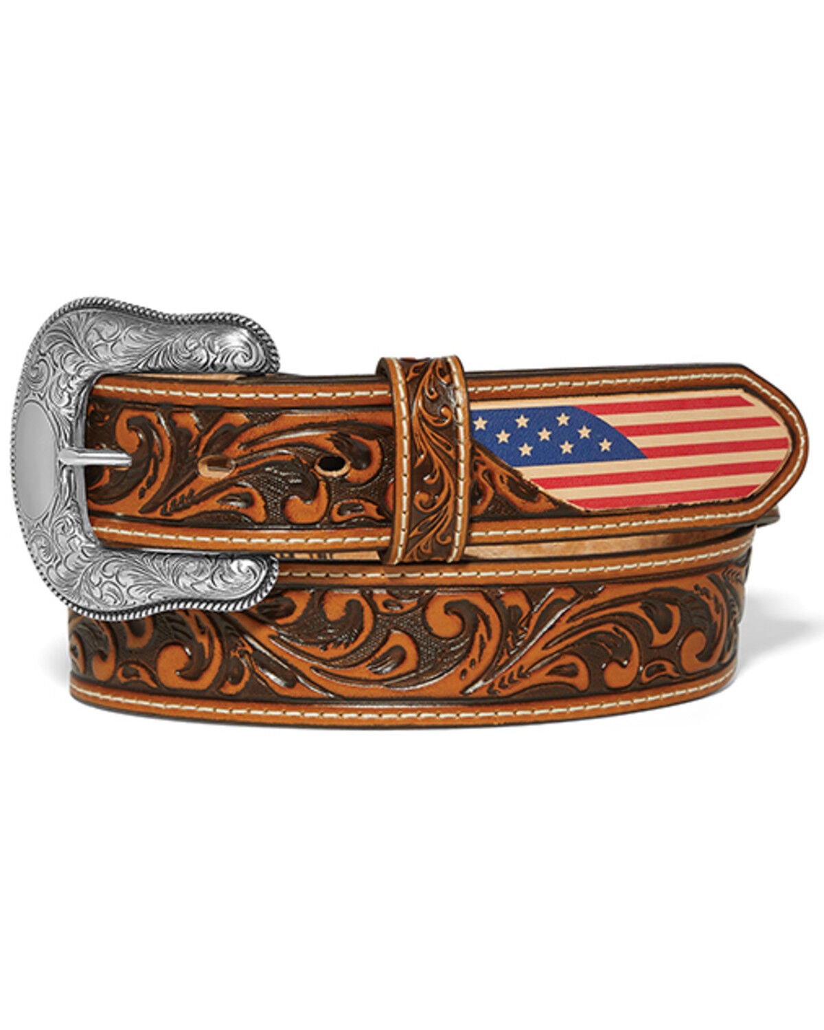 Leegin Men's Freedom Flag Tooled Leather Belt, Tan, hi-res
