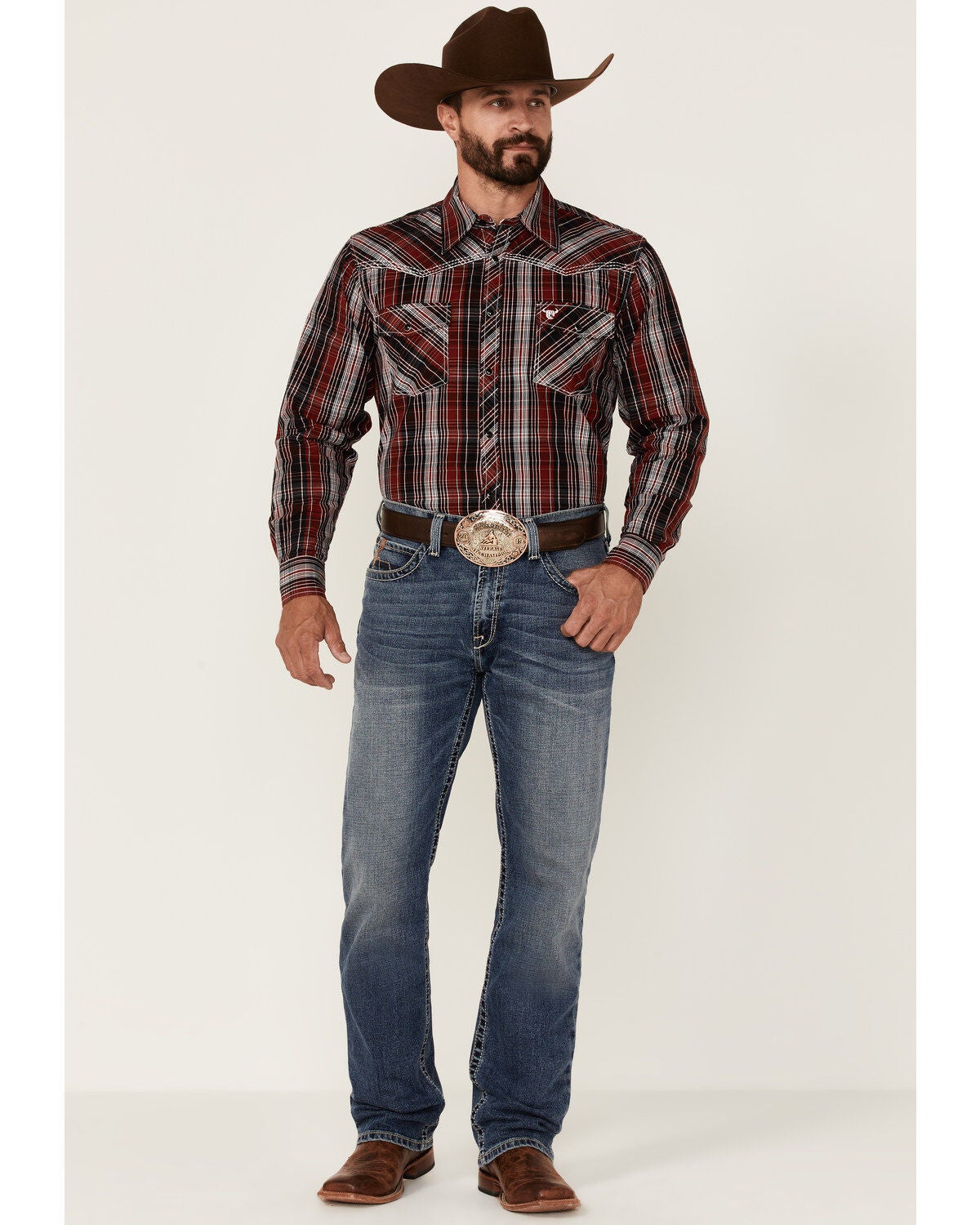 Image #2 - Cowboy Hardware Men's Multi Plaid Print Long Sleeve Snap Western Shirt, Red, hi-res