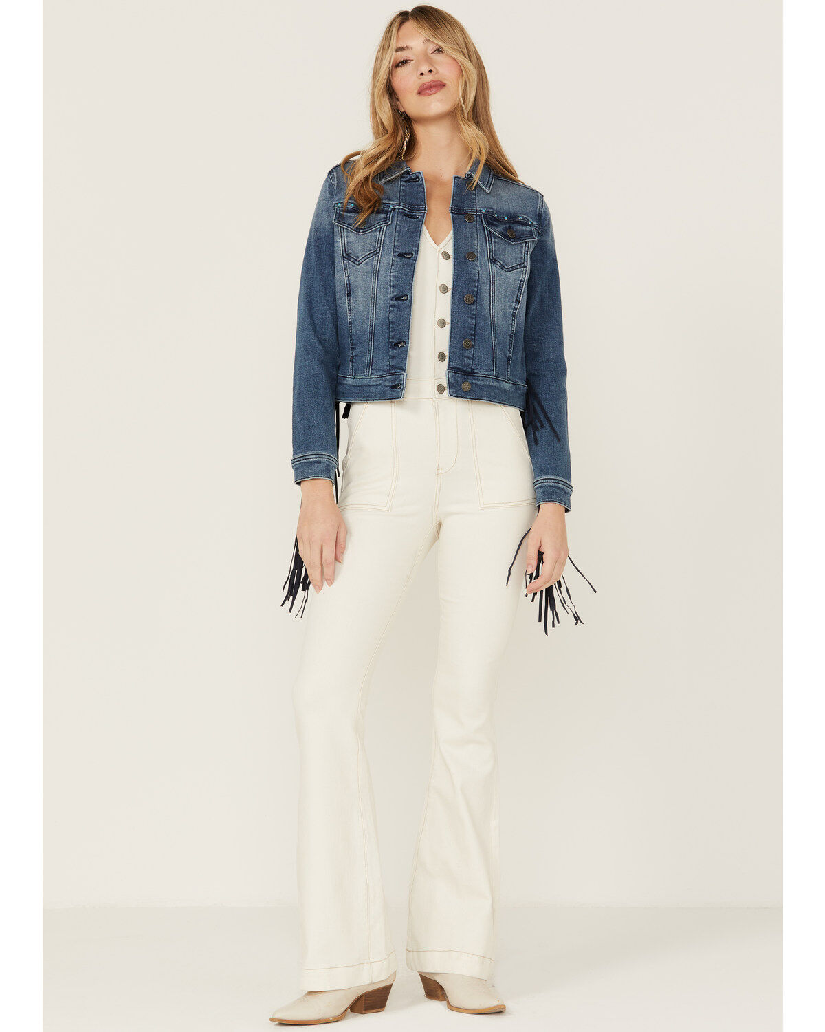 Image #4 - Idyllwind Women's Bisbee Wash Studs Fringe Denim Trucker Jacket, Dark Wash, hi-res
