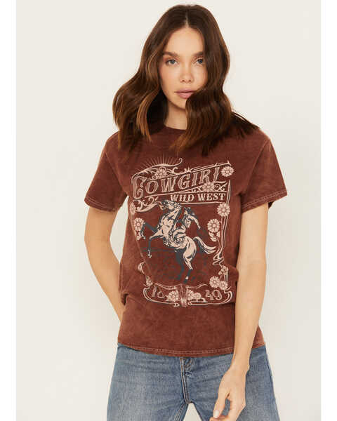 Youth in Revolt Women's Cowgirl Wild West Short Sleeve Graphic Tee, Brown, hi-res
