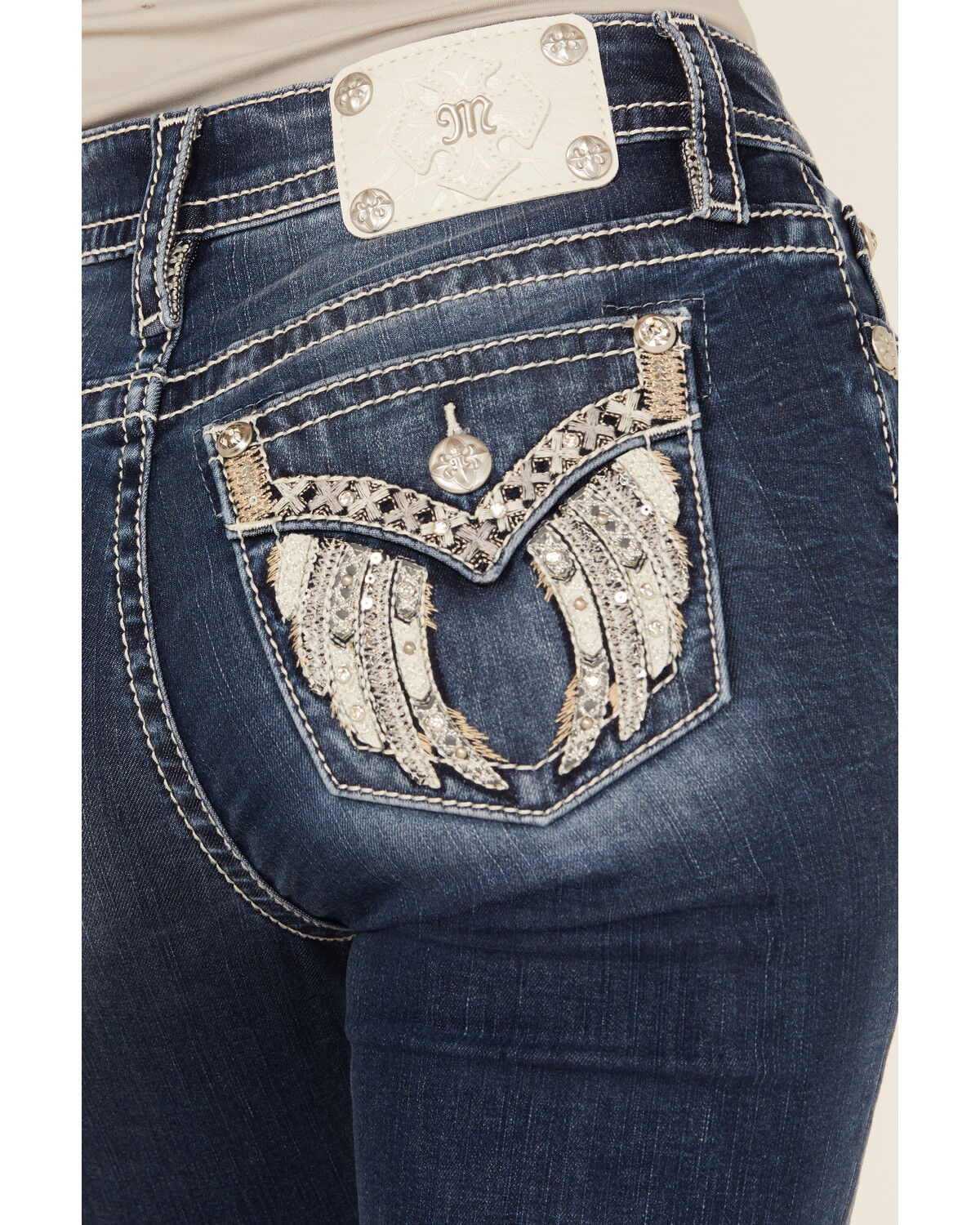 Image #2 - Miss Me Women's Dark Wash Mid Rise Winged Pocket 32" Bootcut Stretch Denim Jeans, Dark Wash, hi-res