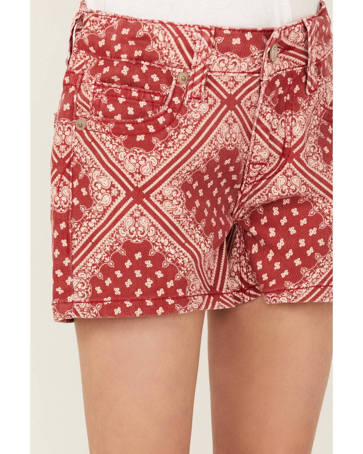 Image #2 - Panhandle Girls' Bandana Print Stretch Denim Shorts, Red, hi-res