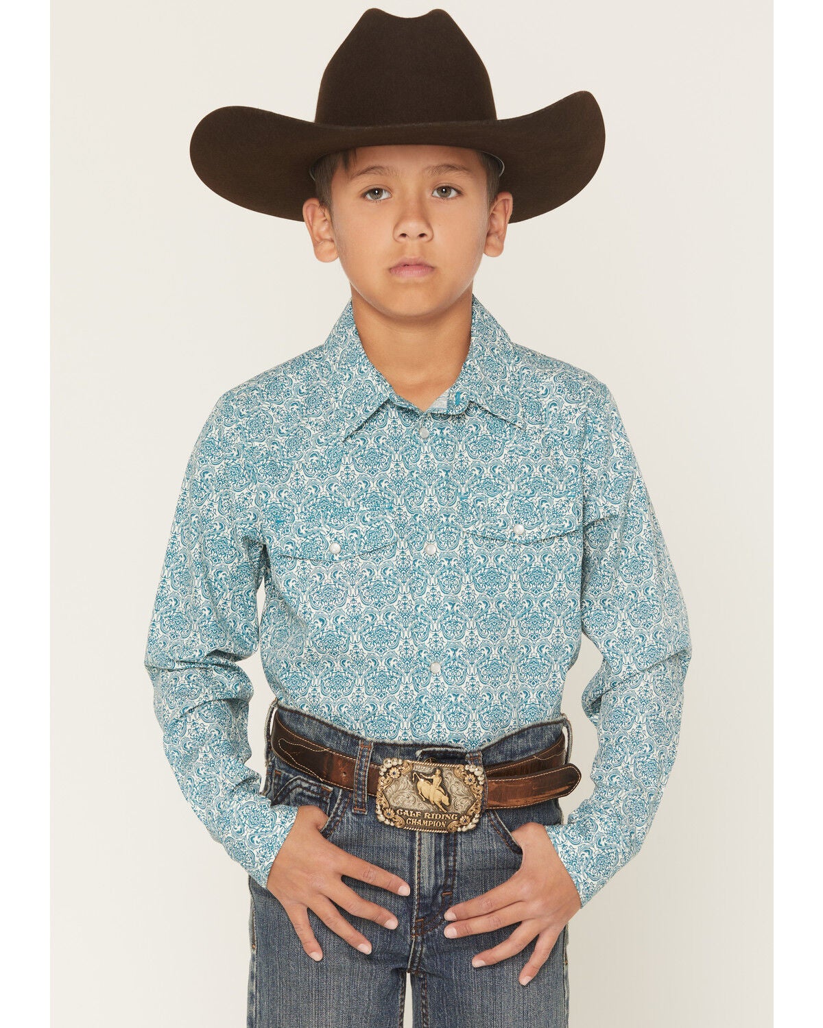 Gibson Trading Co Boys' Lava Lamps Geo Print Long Sleeve Pearl Snap Western Shirt, Teal, hi-res