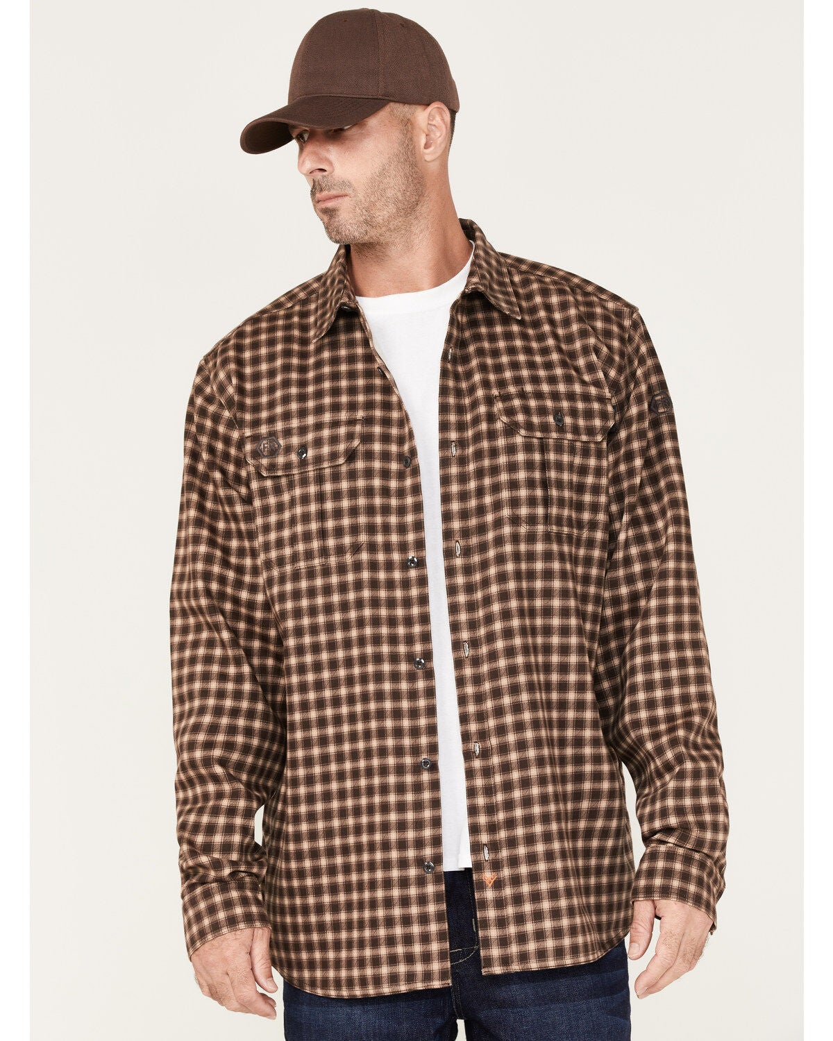 Hawx Men's FR Plaid Print Long Sleeve Woven Button-Down Work Shirt, Bark, hi-res