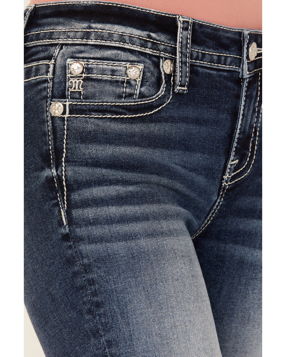 Image #4 - Miss Me Women's Dark Wash Mid Rise Cross Pocket 34" Bootcut Stretch Denim Jeans, Dark Wash, hi-res