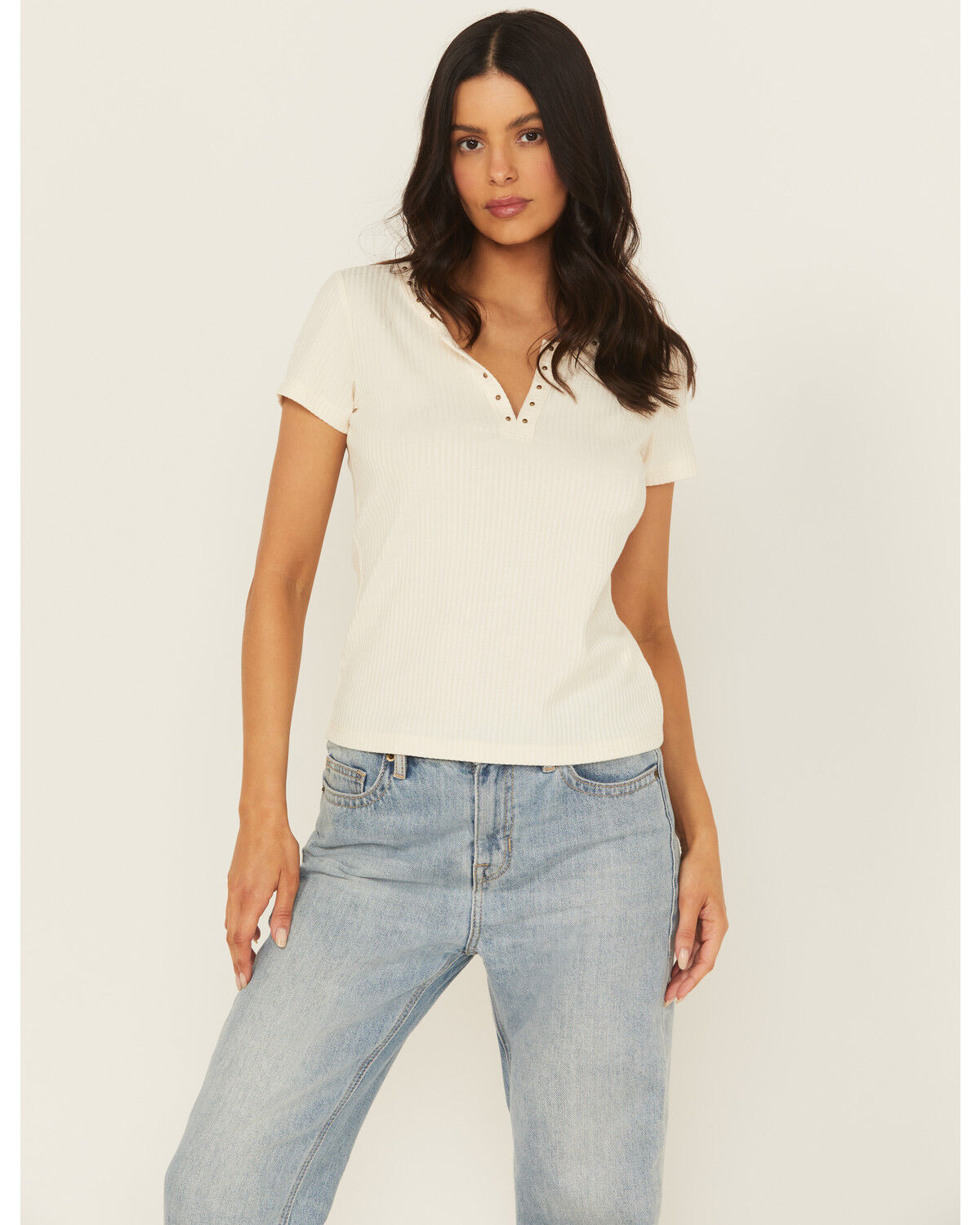 Shyanne Women's Studded Rib Knit V-Neck Top, Cream, hi-res