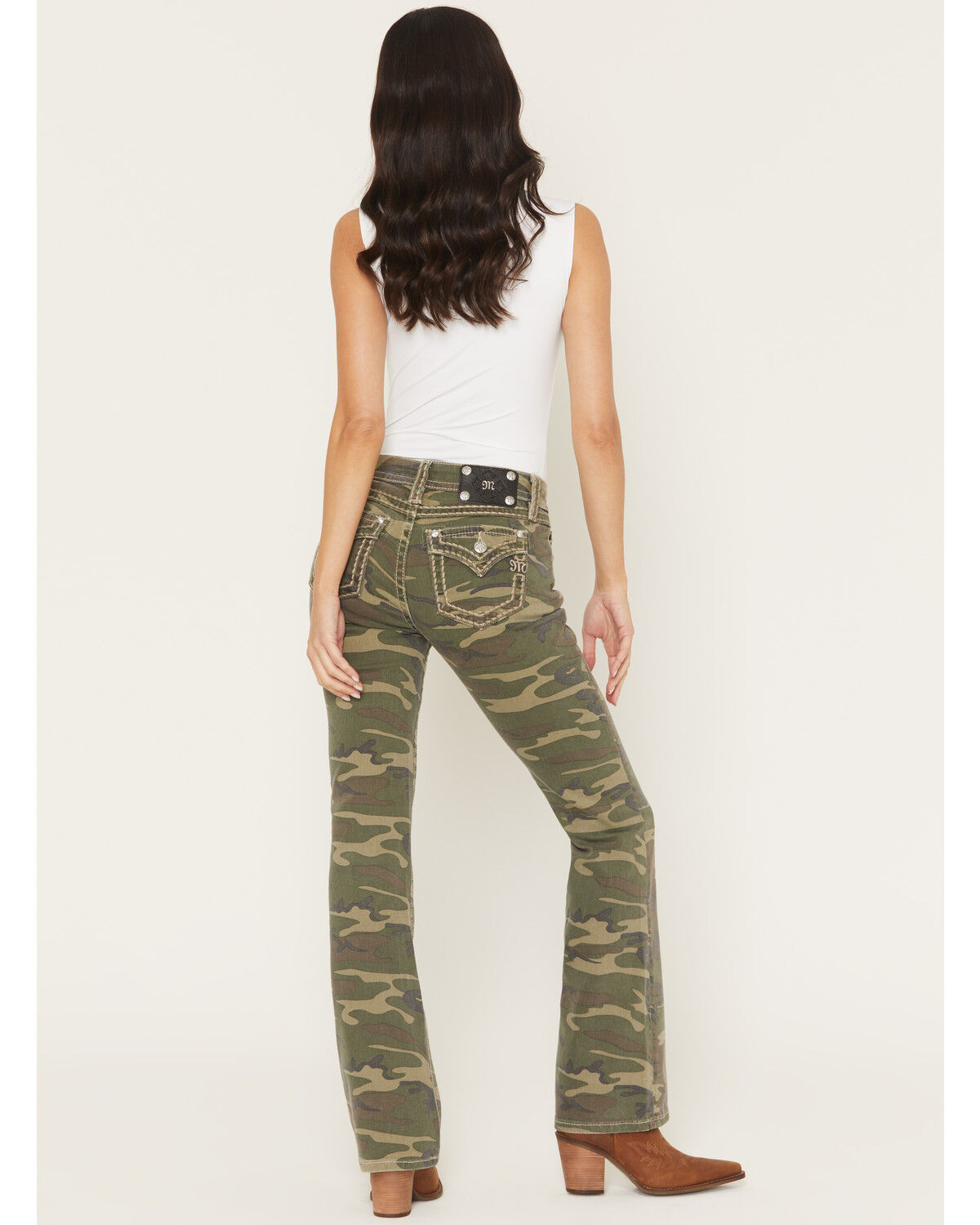 Image #3 - Miss Me Women's Camo Print Mid Rise Flap Pocket 32" Bootcut Stretch Denim Jeans, Green, hi-res