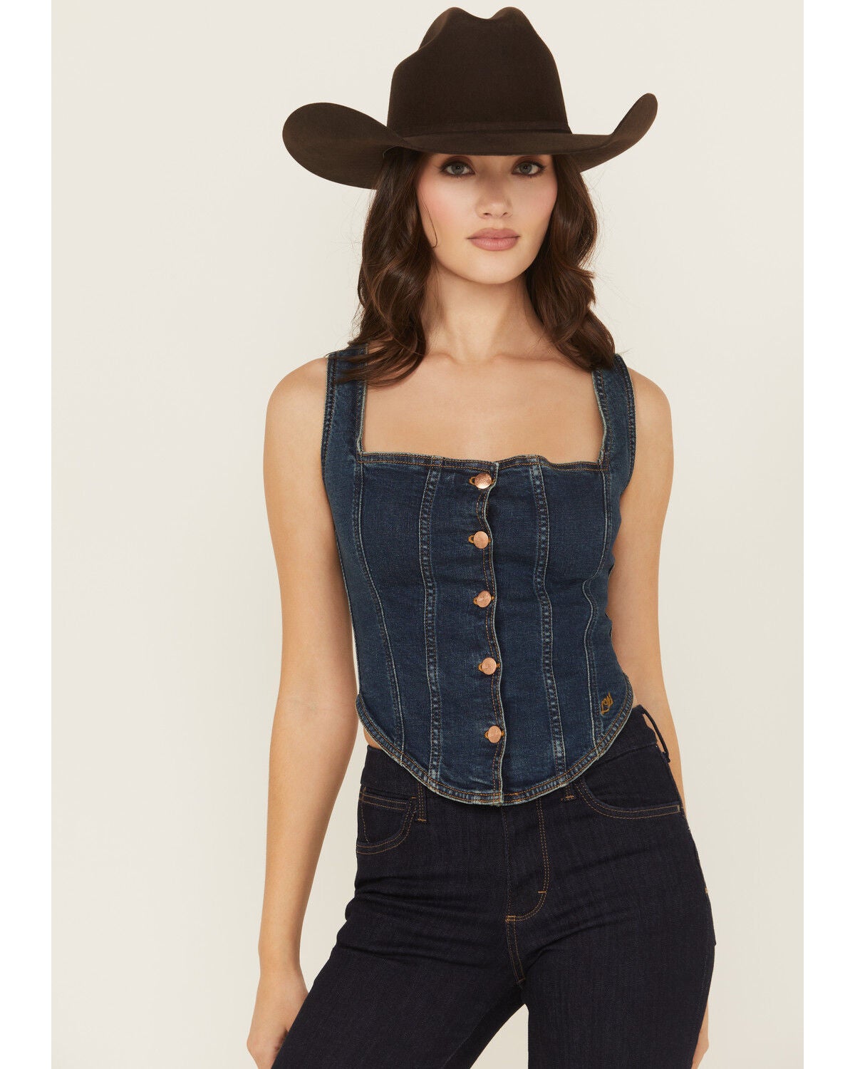 Wrangler x Lainey Wilson Women's Pony Up Button-Down Bustier Denim Top, Dark Wash, hi-res