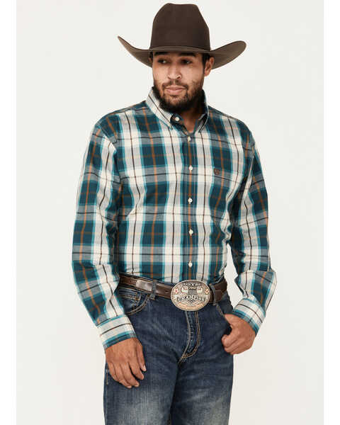 Panhandle Men's Select Plaid Print Long Sleeve Button-Down Western Shirt, Dark Green, hi-res