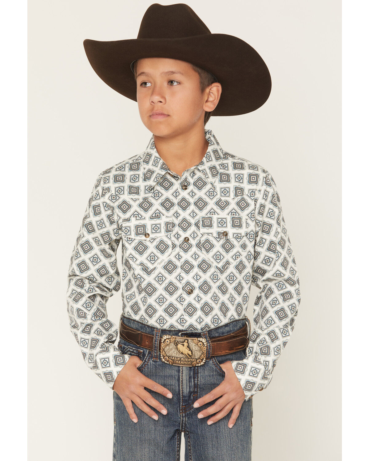 Image #1 - Gibson Trading Co Boys' Time Warp Geo Print Long Sleeve Snap Western Shirt, Ivory, hi-res