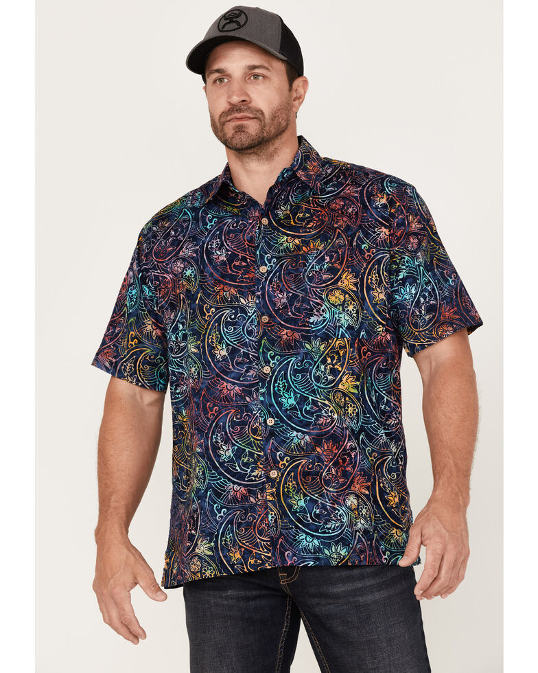 Scully Men's Paisley Floral Print Short Sleeve Button-Down Western Shirt , Dark Blue, hi-res
