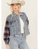 Image #2 - Miss Me Women's Medium Wash Denim Plaid Crochet Back Cropped Jacket, Medium Wash, hi-res