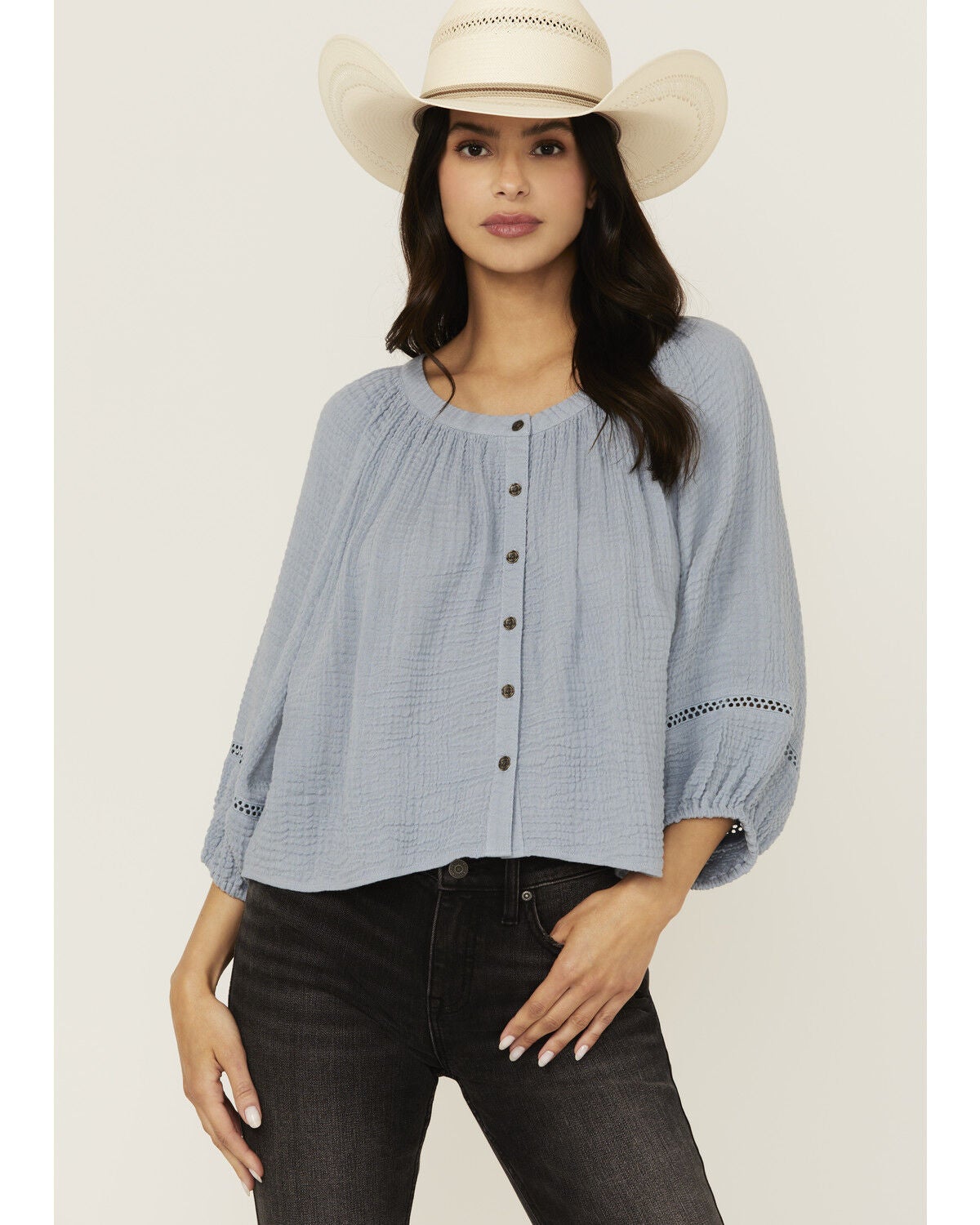 Cleo + Wolf Women's Brie Crochet Trim Long Sleeve Shirt, Light Blue, hi-res