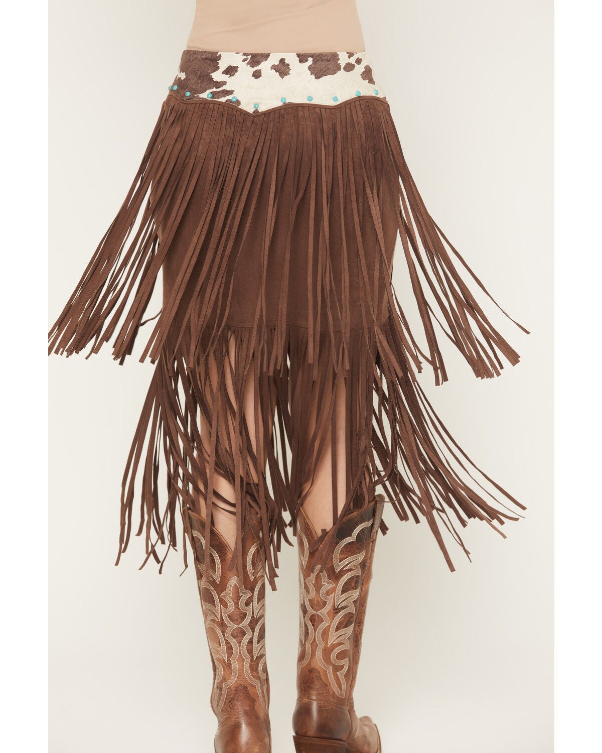 Shyanne Women's Raven Cow Print Faux Suede Fringe Mini Skirt