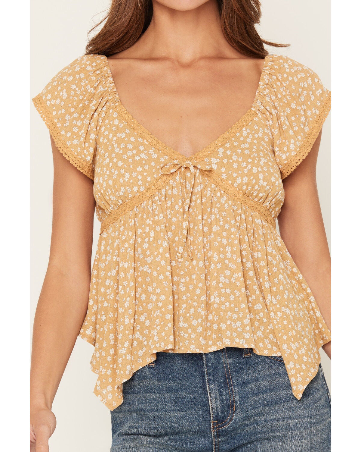 Image #3 - Wild Moss Women's Floral Print Hanky Hem Short Sleeve Top, Mustard, hi-res