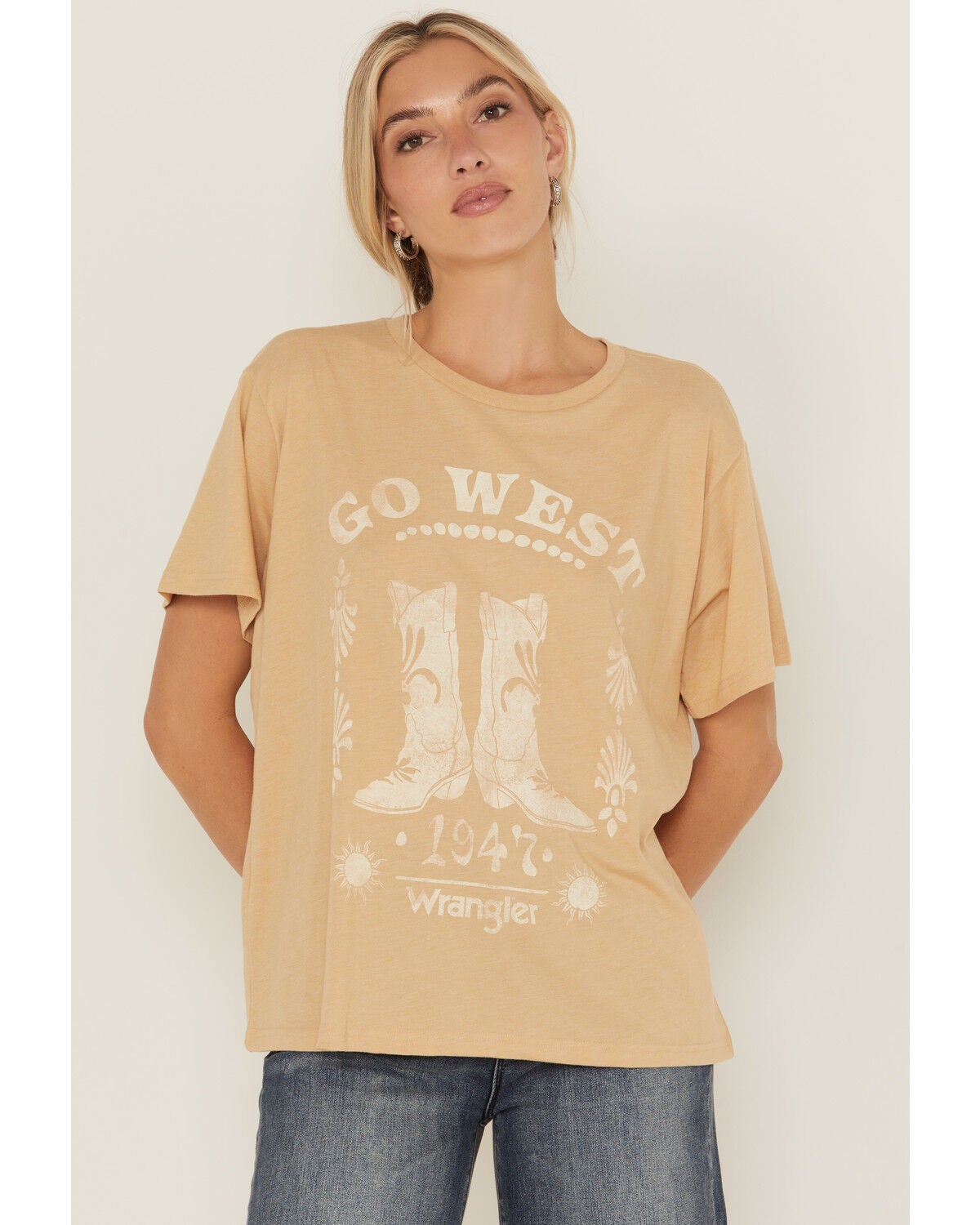 Wrangler Women's Go West Short Sleeve Girlfriend Graphic Tee, Mustard, hi-res
