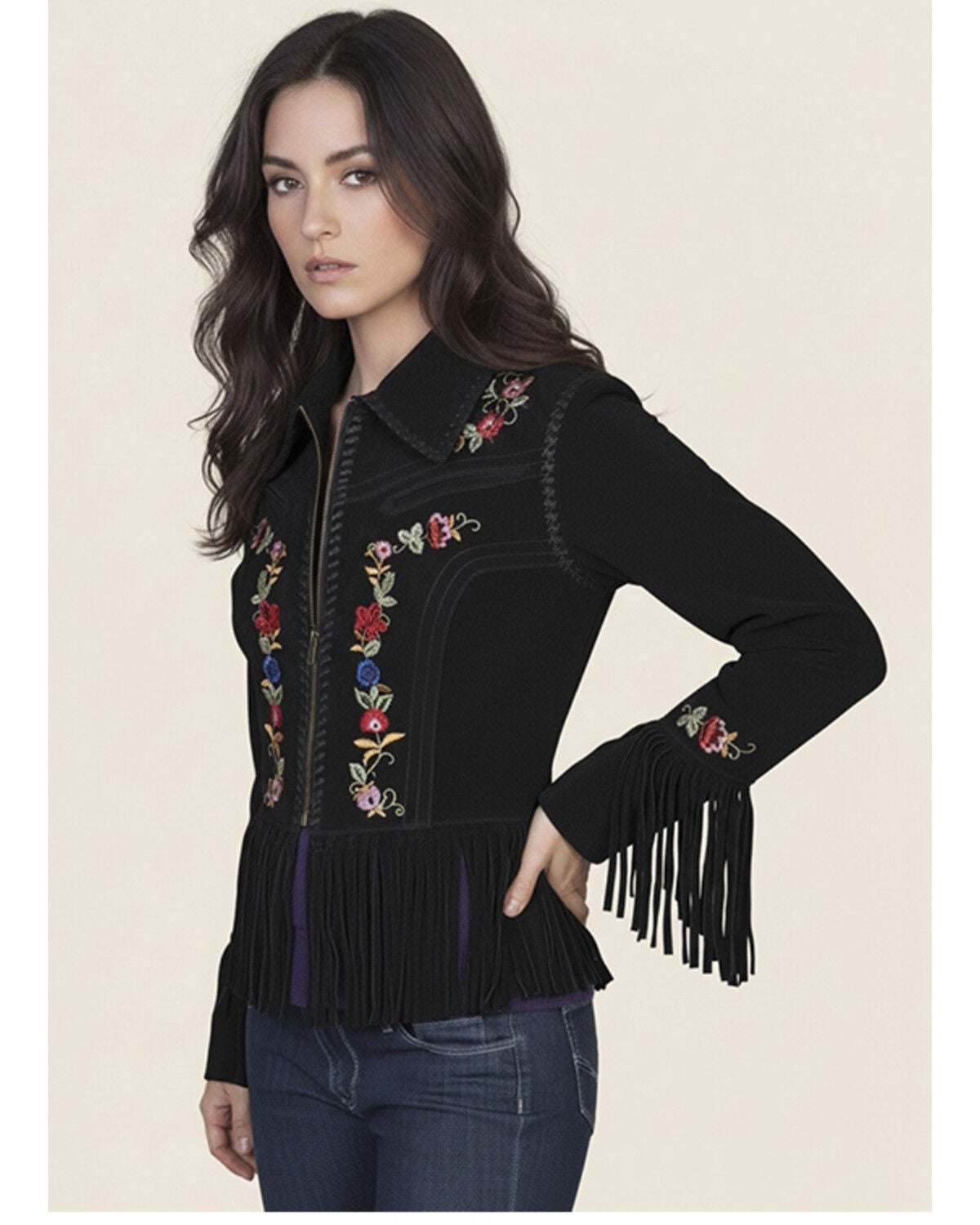 Scully Embroidered Zip-Up Suede Jacket, Black, hi-res