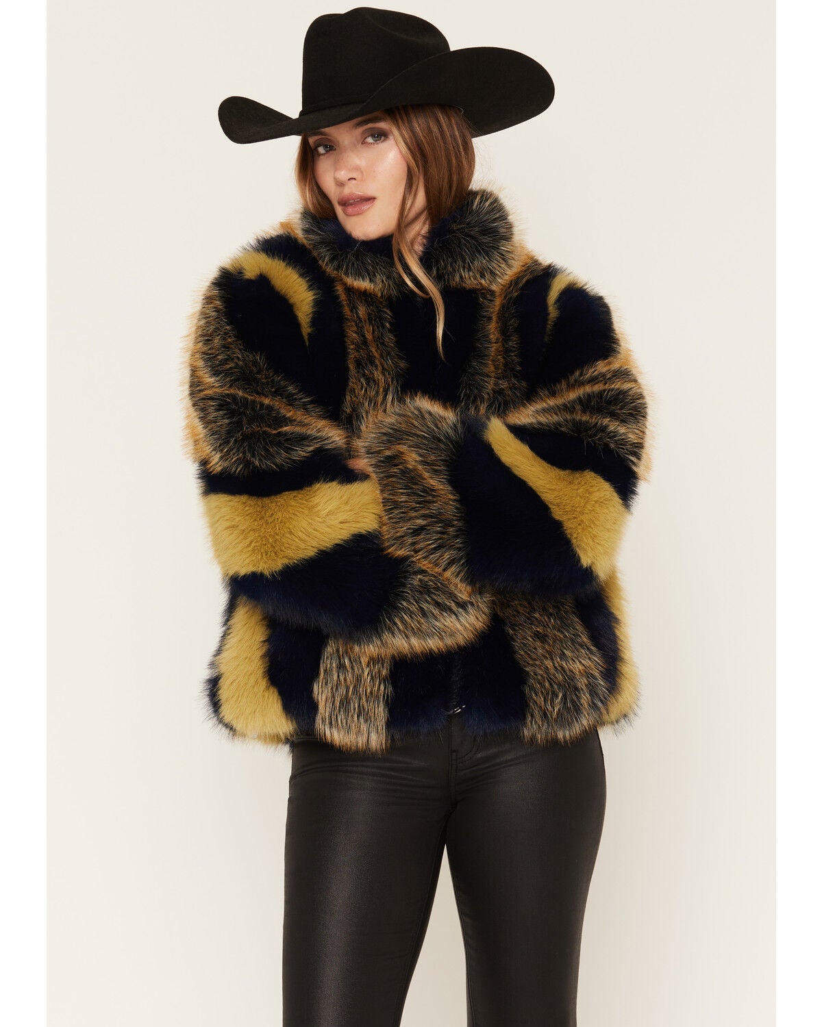 Azalea Wang Women's Inez Striped Faux Fur Jacket, Navy, hi-res