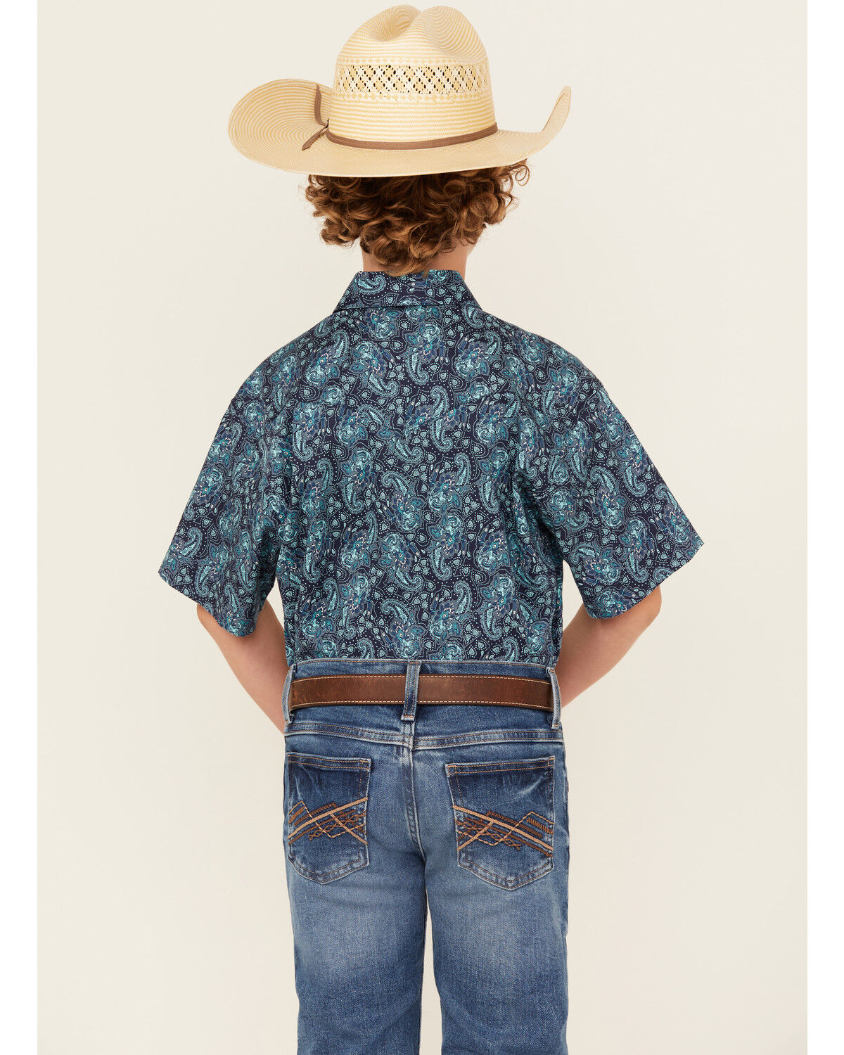 Image #4 - Panhandle Boys' Paisley Print Short Sleeve Snap Western Shirt, Blue, hi-res
