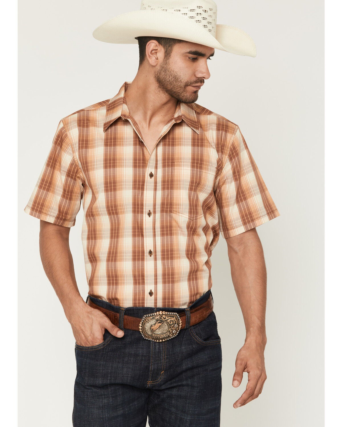 Image #1 - Gibson Trading Co Men's Bandit Blue Plaid Print Short Sleeve Button-Down Western Shirt, Brown, hi-res