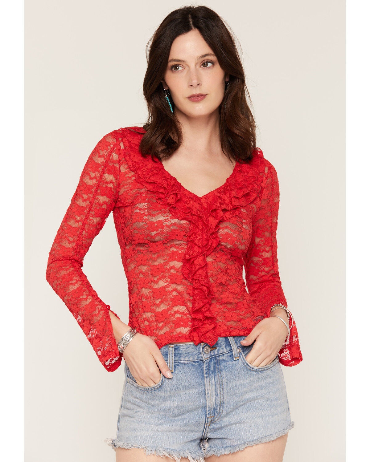 Trixxi Women's Ruffle Front Lace Top, Red, hi-res
