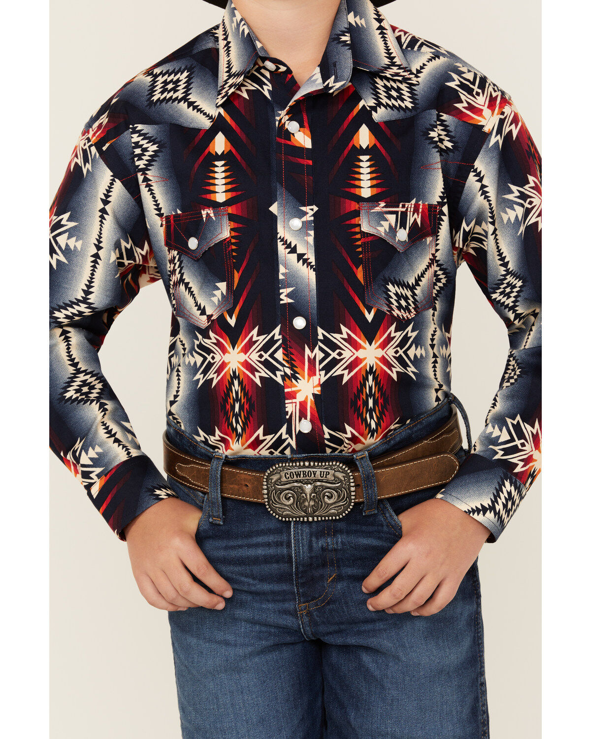 Image #3 - Rock & Roll Denim Boys' Southwestern Print Long Sleeve Pearl Snap Stretch Western Shirt, Navy, hi-res