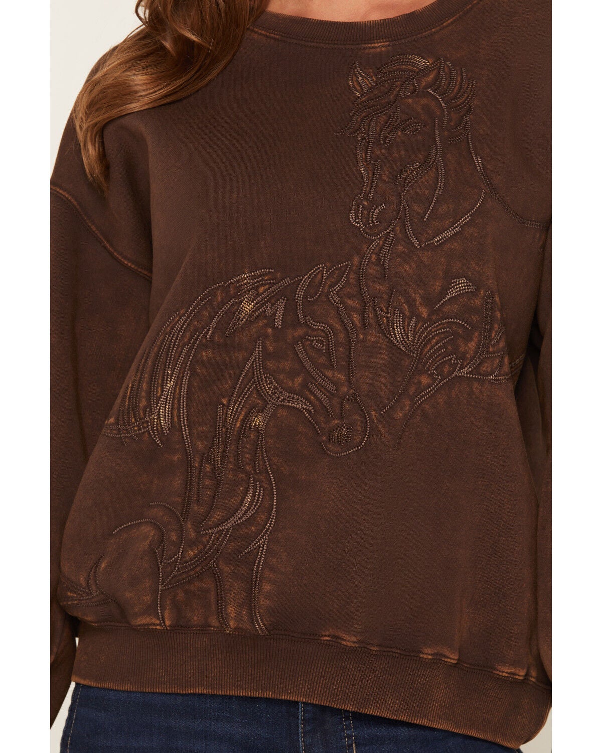Image #3 - Shyanne Women's Embroidered Horses Crew Neck Sweatshirt, Cognac, hi-res