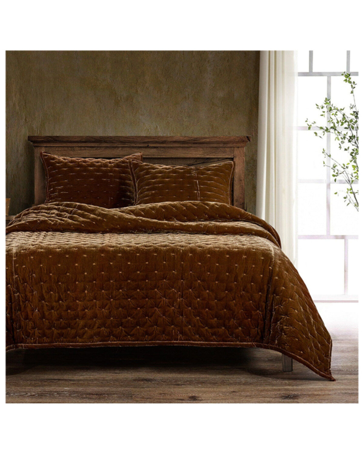 Image #1 - HiEnd Accents Copper Brown Stella Faux Silk Velvet 3-Piece King Quilt Set, Copper, hi-res
