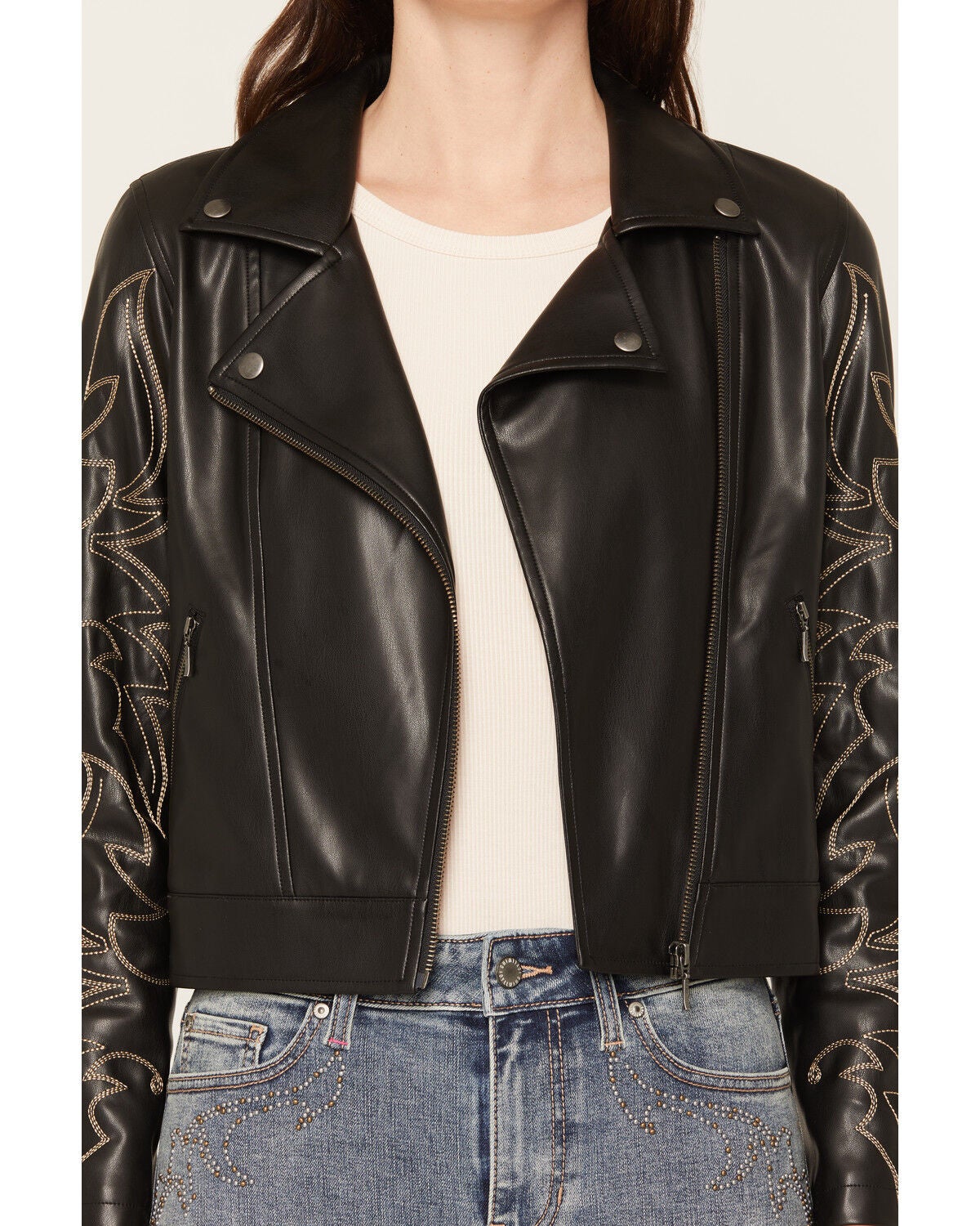 Image #3 - Idyllwind Women's Lazaro Boot Stitch Faux Leather Moto Jacket, Black, hi-res
