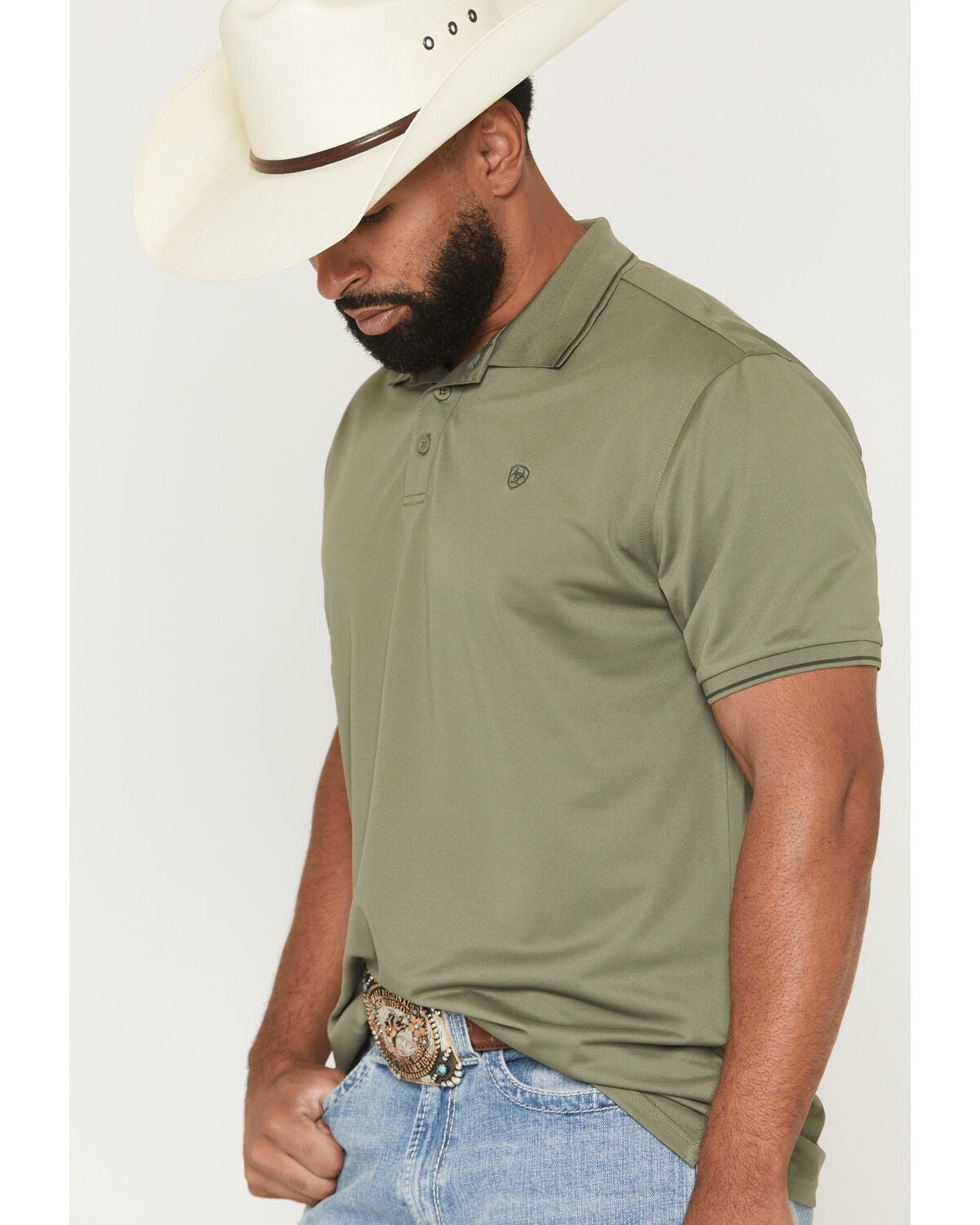 Image #2 - Ariat Men's Fitted Logo Short Sleeve Polo, Olive, hi-res