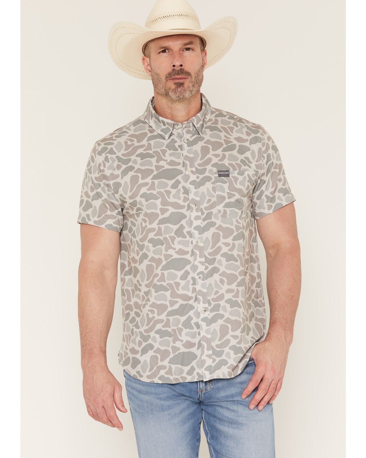 Burlebo Men's Camo Print Short Sleeve Button-Down Western Shirt, Camouflage, hi-res