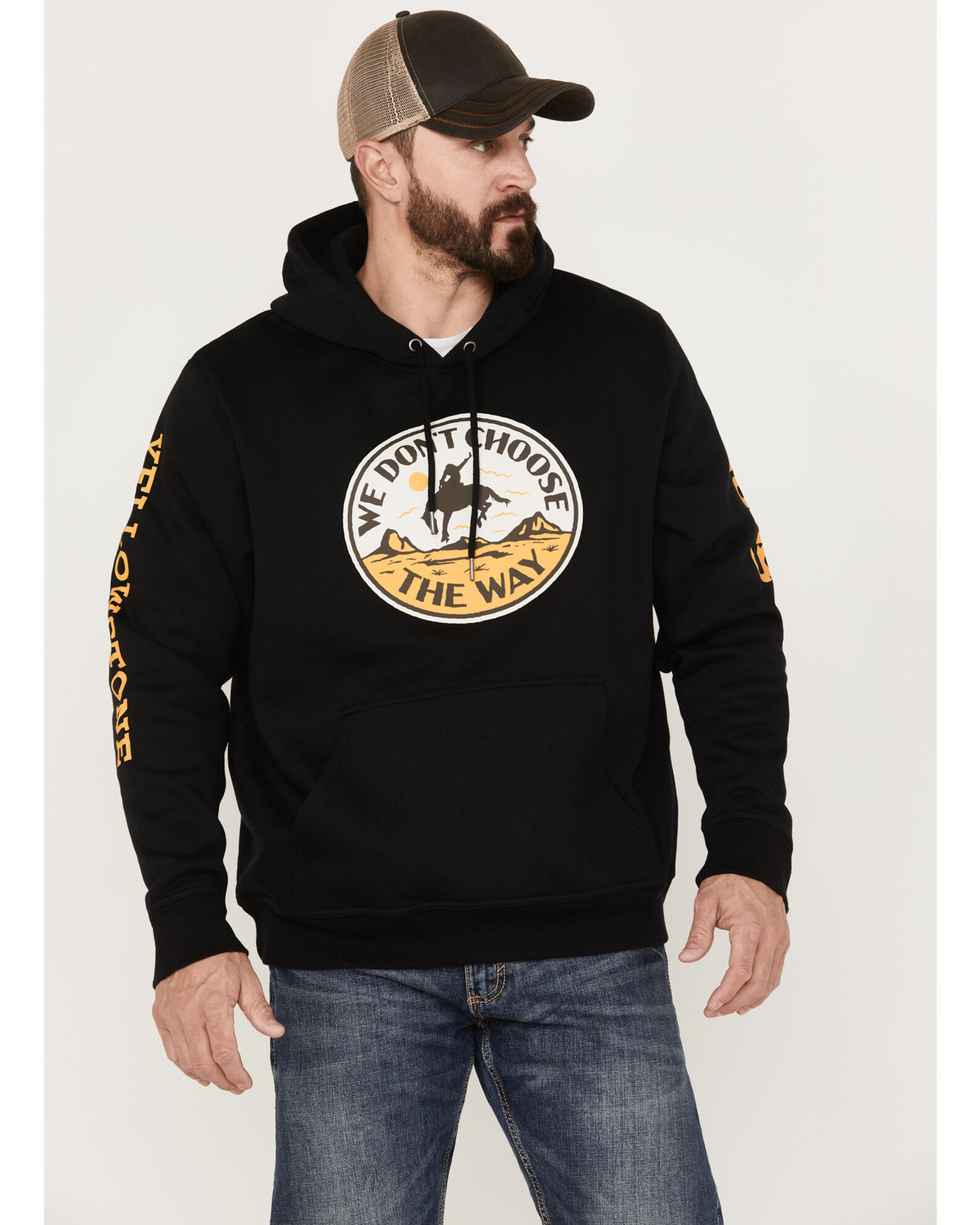 Wrangler Men's Yellowstone We Don't Choose Way Logo Sleeve Graphic Hooded  Sweatshirt | Boot Barn