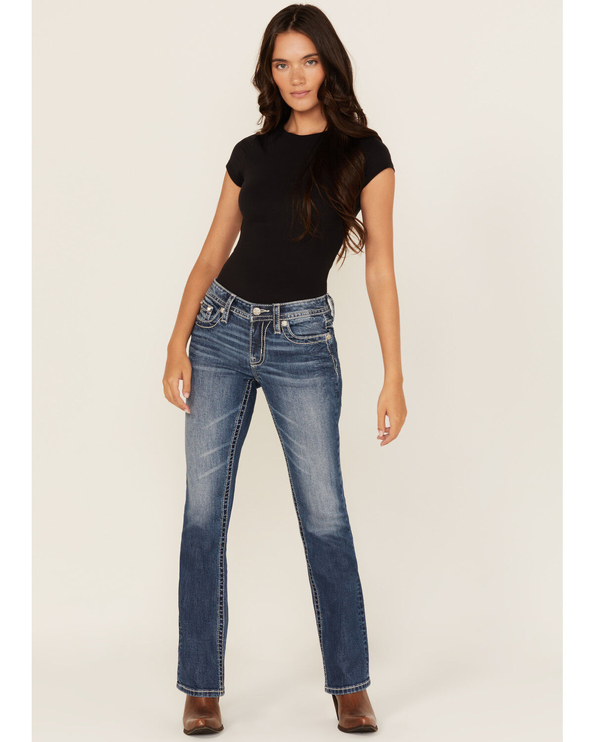 Image #3 - Miss Me Women's Medium Wash Mid Rise Geo Pocket 32" Bootcut Stretch Denim Jeans, Medium Wash, hi-res