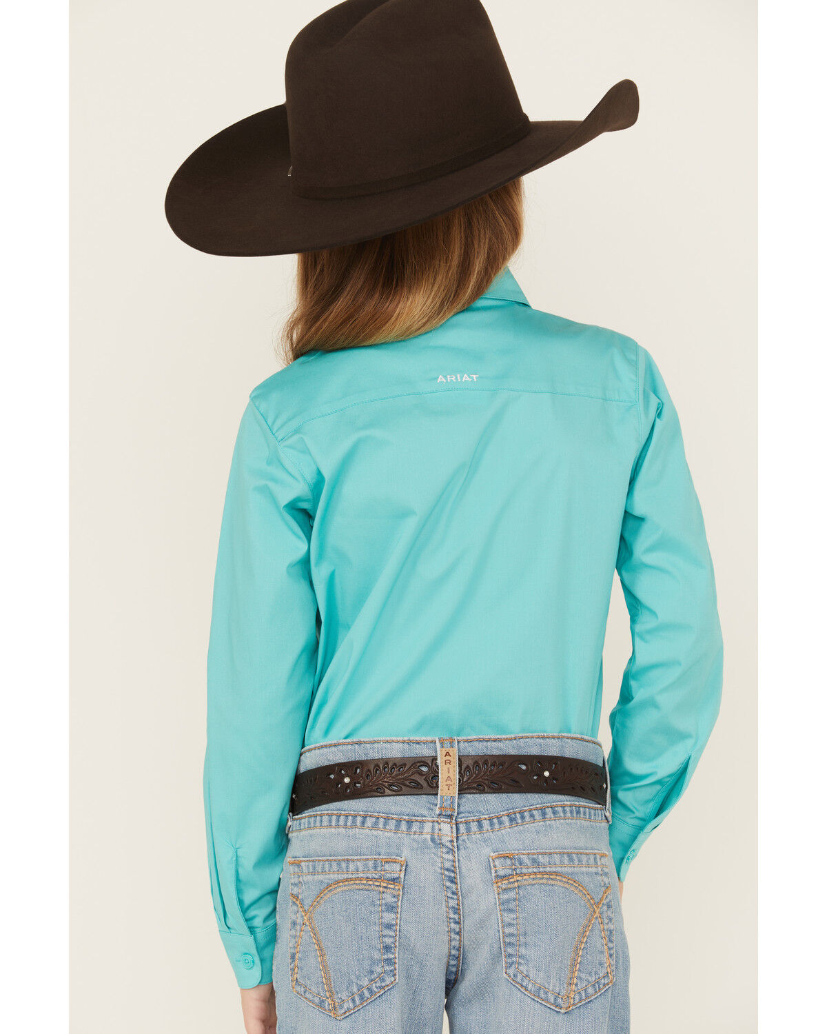Image #4 - Ariat Girls' Team Kirby Solid Logo Long Sleeve Button-Down Stretch Western Shirt, Turquoise, hi-res