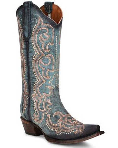 Corral Women's Vintage Jean Embroidered Tall Western Boots - Snip Toe, Blue, hi-res